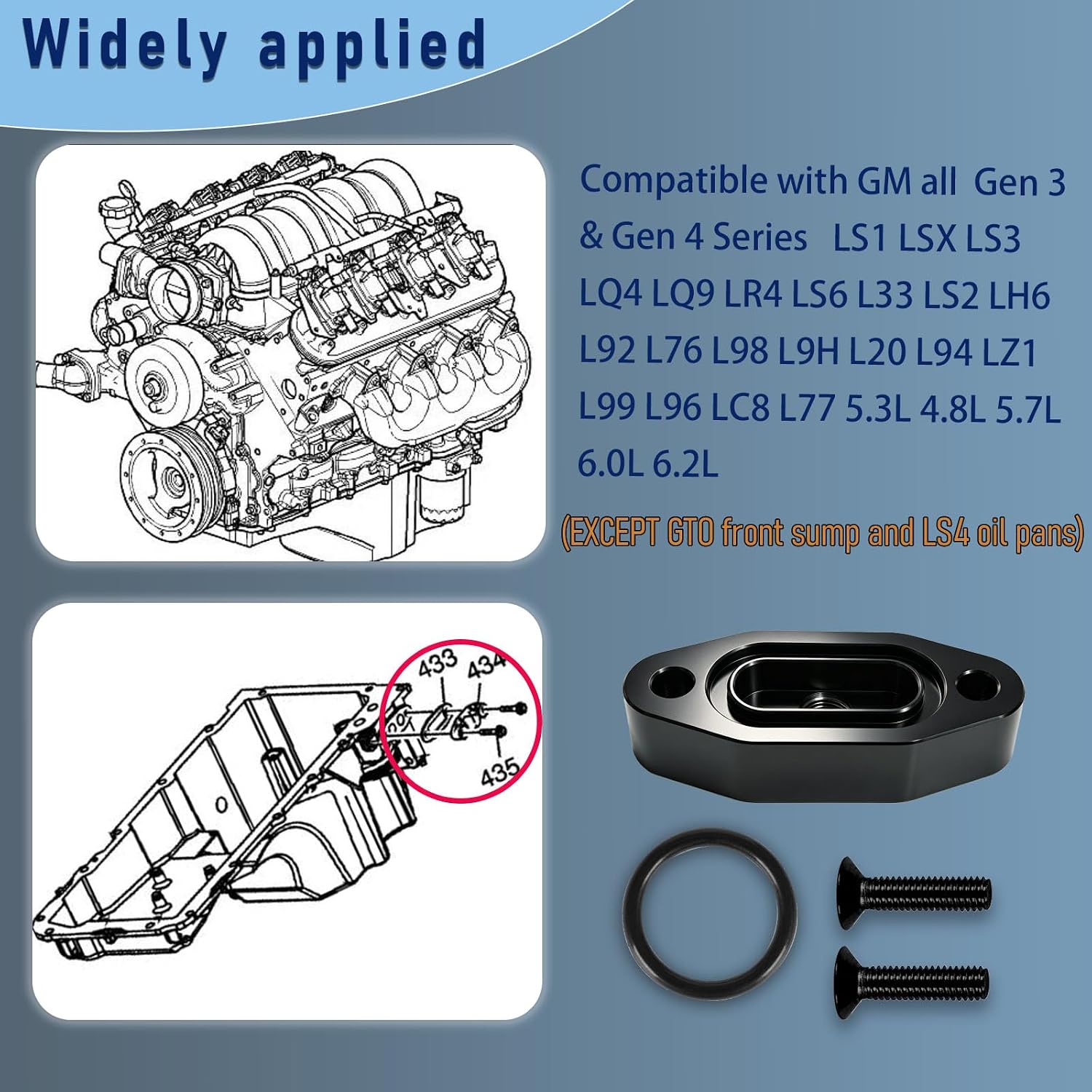LS Oil Port Adapter 1/8" NPT Turbo Oil Feed Plate, LS Oil Pressure Sensor Adapter, LS Billet Port Plate for LS1 LSX LS3 LQ4 LQ9 LR4 L33 LS2 LH6 L92 L76 L98 L9H L20 L94 LZ1 L99 L96 LC8 L77 Black