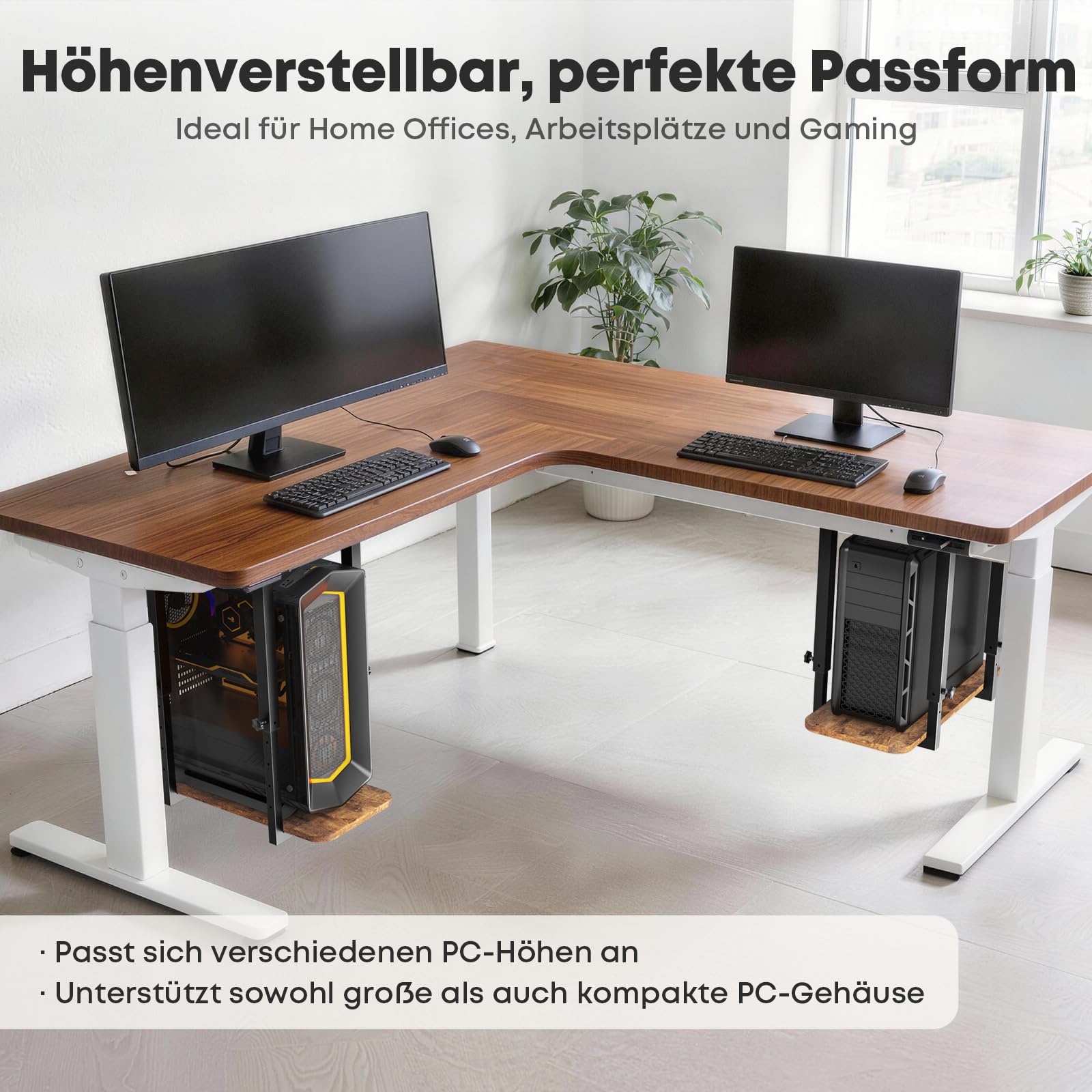 Höhenverstellbare PC Halterung für Untertischmontage, Stabiler CPU Halter für PC Gehäuse, Platzsparende Computerhalterung für Schreibtisch, bis 30 kg belastbar, Schwarz und Vintage Braun