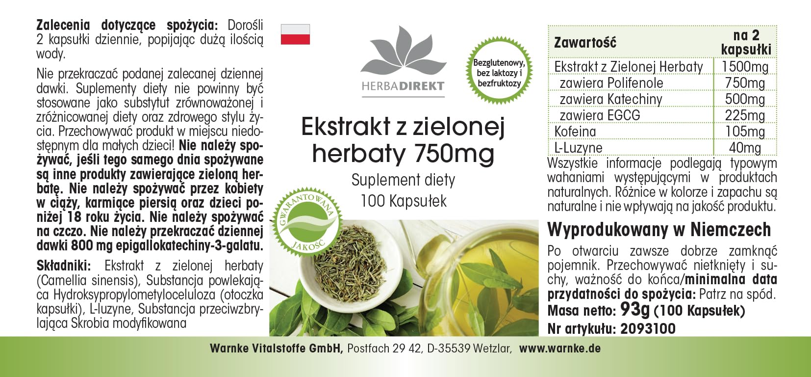 Estratto di tè verde 750 mg capsule - 100 capsule - polifenoli - catechine - EGCG - caffeina - ad alto dosaggio - vegano | HERBADIREKT by Warnke Vitalstoffe - Qualità farmaceutica tedesca