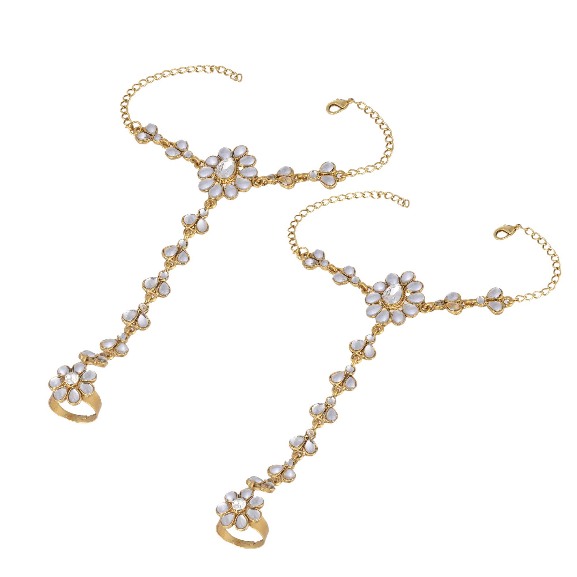 sanjog Womens Brass Metal Stunning Kundan Moti Ring Bracelet Hathphool Hand Harness Finger Ring Bracelet for Girls Women - Pack Of 2 (White) (B08TTJRMH5) Amazon Price History, Amazon Price Tracker