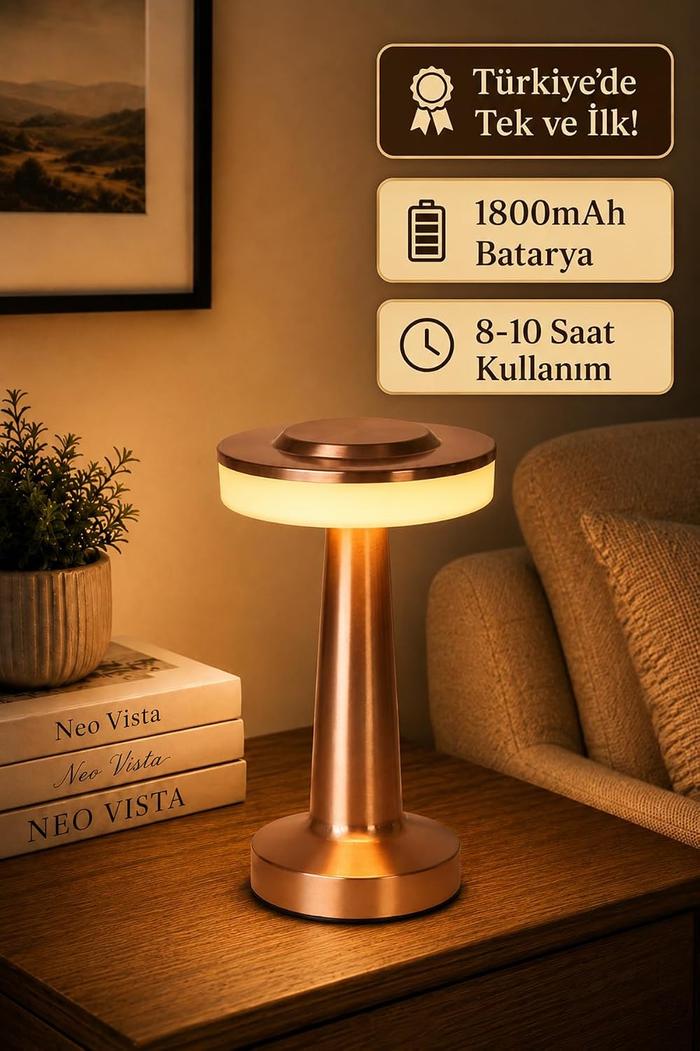 Neo Vista Dokunmatik Mantar Masa Lambası, Şarjlı, Dim Edilebilir, Dekoratif, Rosegold Bakır Renkli