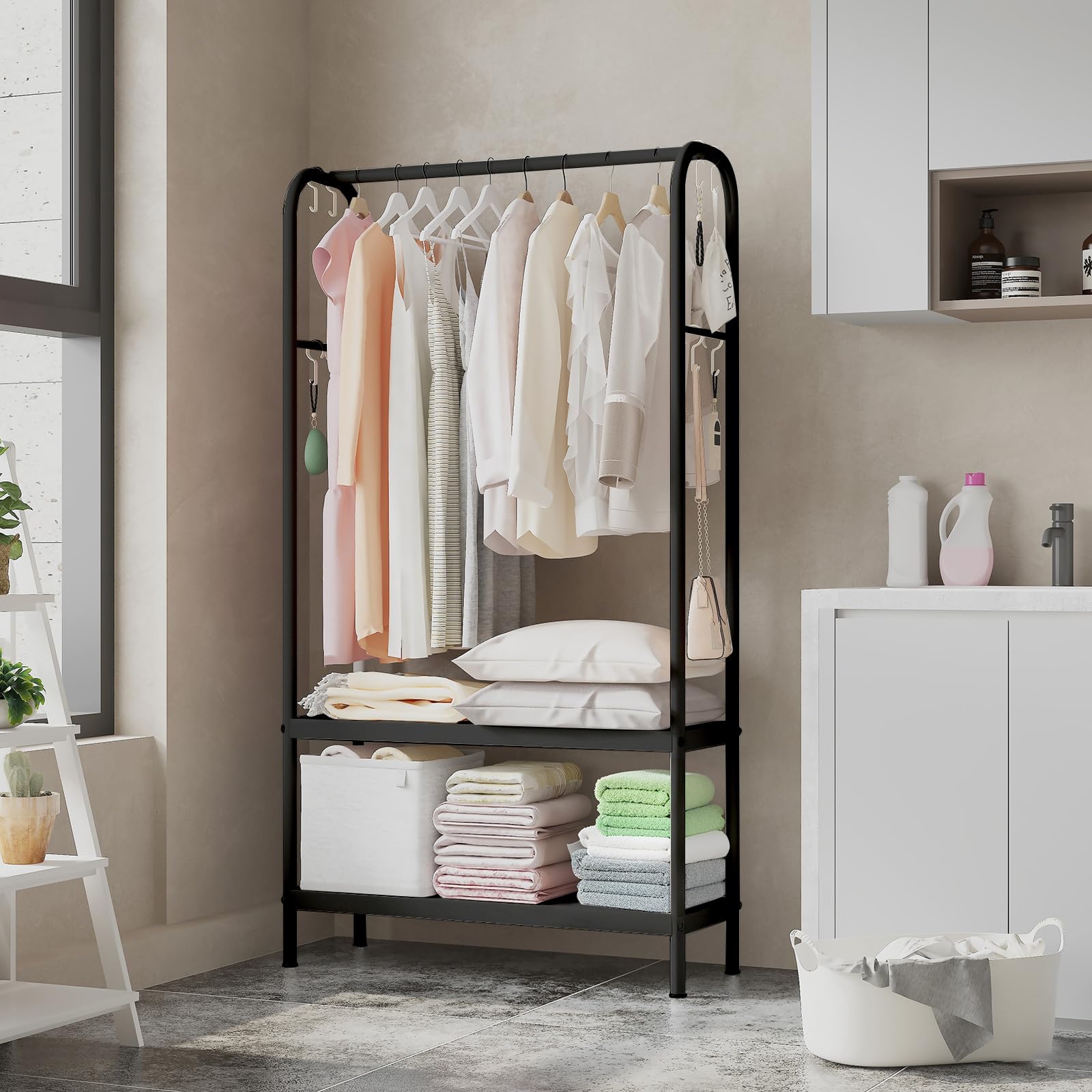 Zstar Appendiabiti in metallo per appendere vestiti, con ripiani a 2 livelli, 6 ganci, per negozio, camera da letto, spogliatoio, 80 x 33 x 172 cm, nero