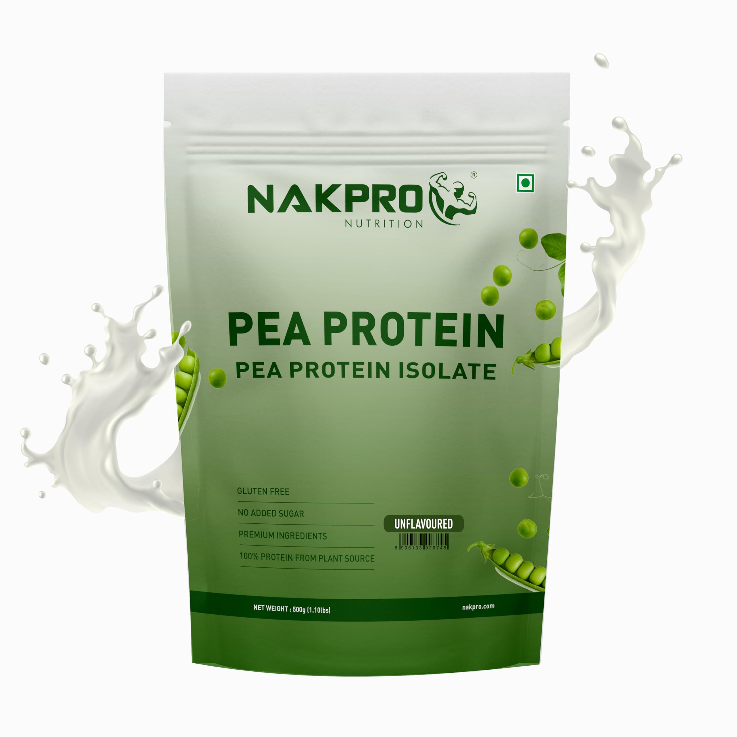NAKPRO 100% Pea Protein Isolate, Unflavoured - 500g | 28.8g Protein, 5.5g BCAA | Natural Vegan Plant Protein Powder | Easy To Digest | All Essential Amino Acids for Muscle Gain and Recovery