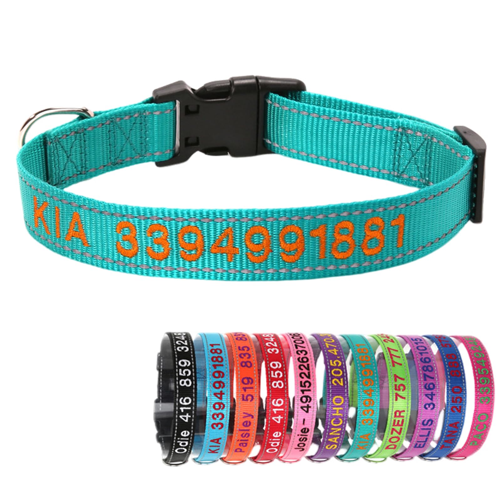 Yonsbox Cyan Reflective Custom Personalised Dog Collar Embroidered with Name Phone Number Quick Release Buckle for Boy Girl Small Medium Large Dogs