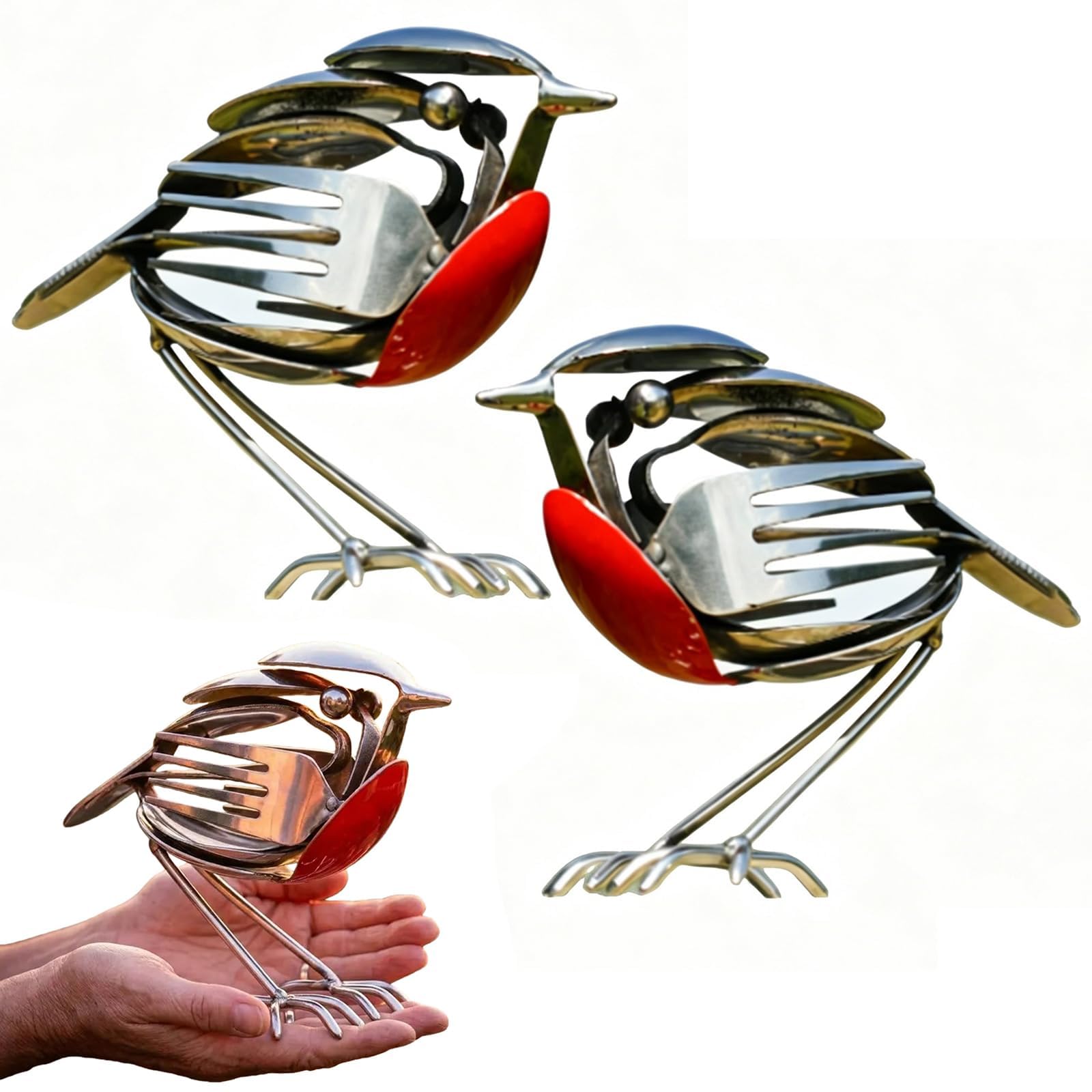 Robin Scrap Metal Art Sculpture Garden Ornament, Hope Wings Silver Metal Robin Ornament Gift, Made by Recycled Fork & Spoon, Rustic Red Chest Bird Statue, Scrap Metal Art Yard Patio Decor (2pcs)