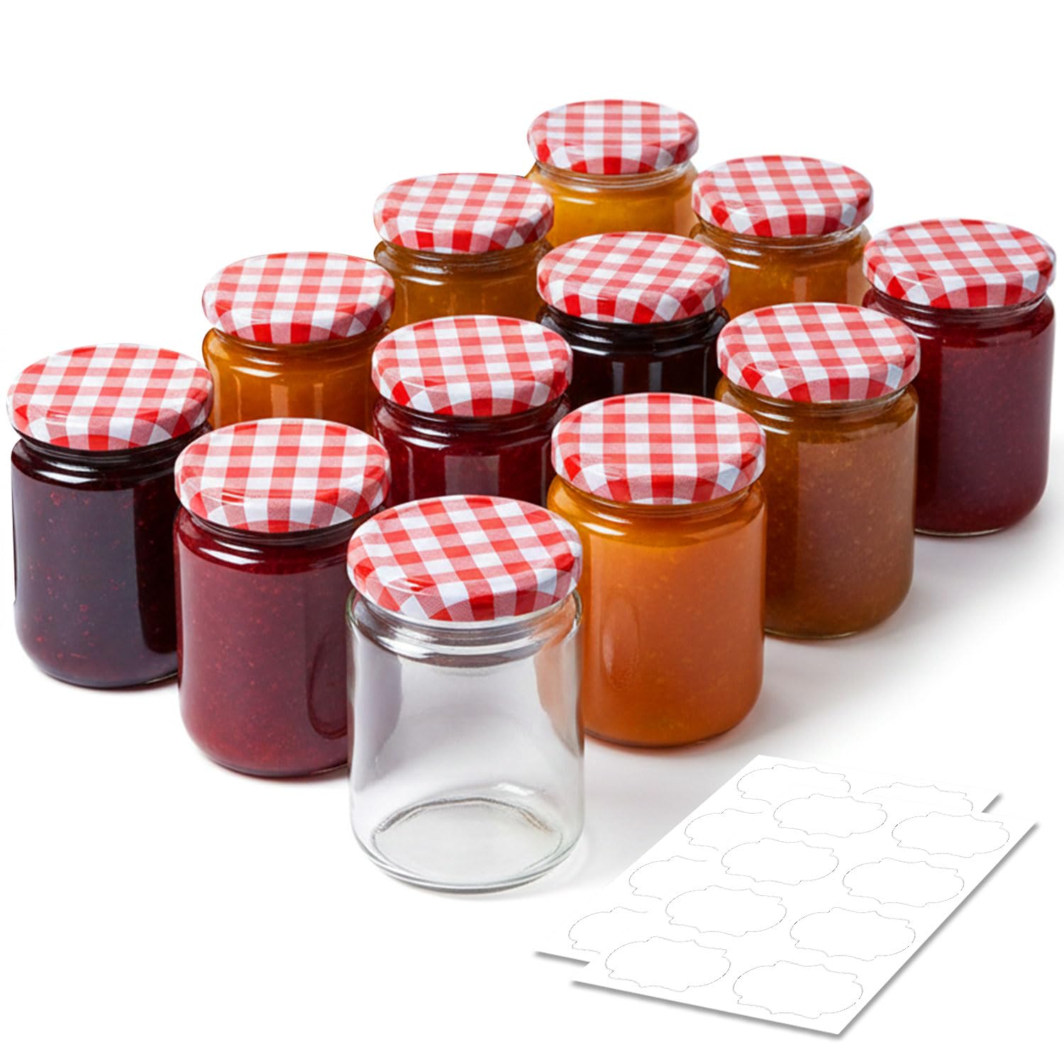 ComSaf Glass Jars with Lids 360ml 12 Pack, Round Jam Jars with Red Gingham Lids, Airtight Pickling Jars and Canning Jars for Family-Size Jam, Chutney and Pickles, Bulk Food Storage Jars with Labels