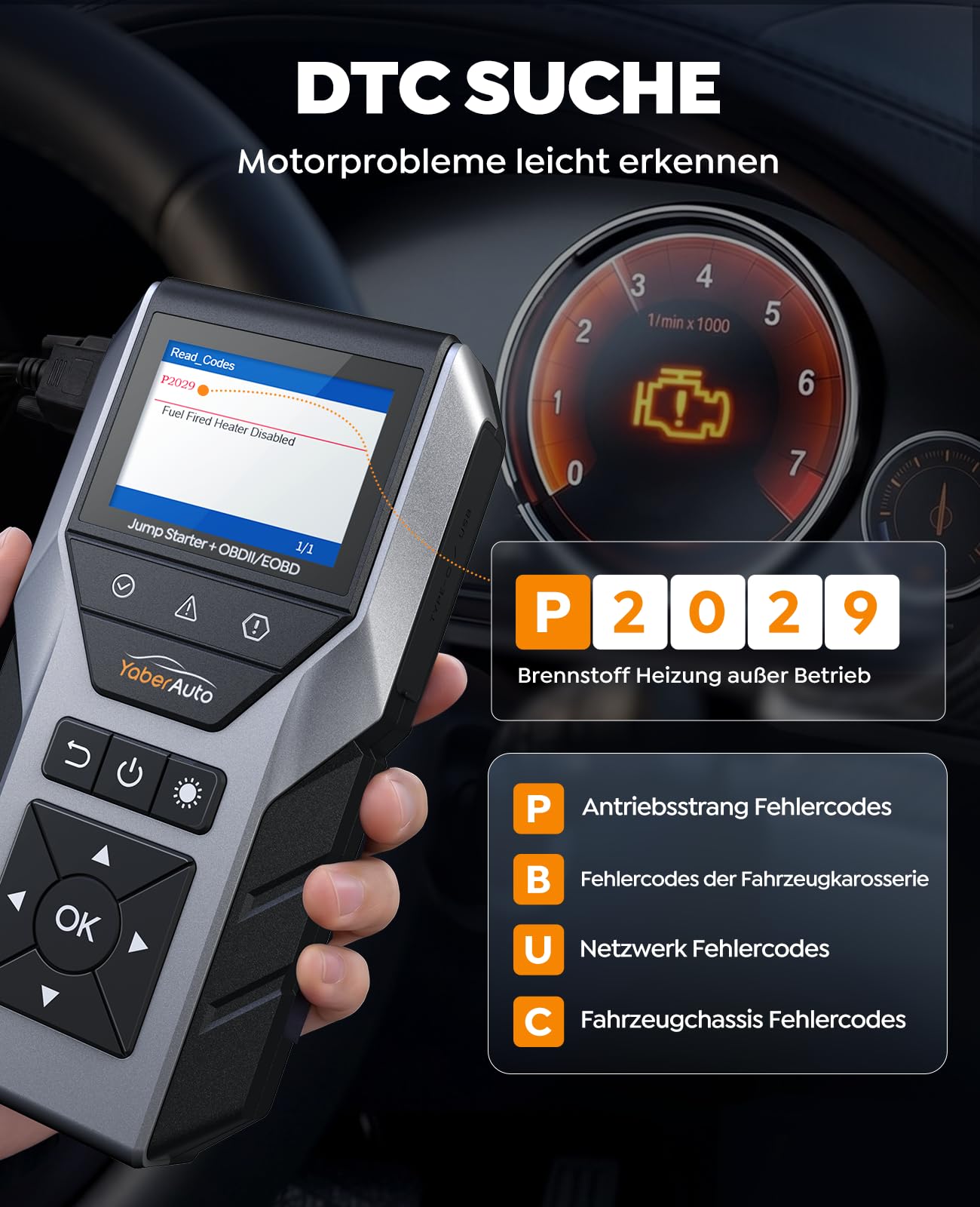 YaberAuto Starthilfe Powerbank für Pkw mit OBD2 Diagnosegerät ＆ Autobatterie Tester, 7000A Starthilfe Powerbank für All Benzin/10,0L Diesel, 16800mAh Starter Powerbank mit Starthilfekabel, LED-Licht