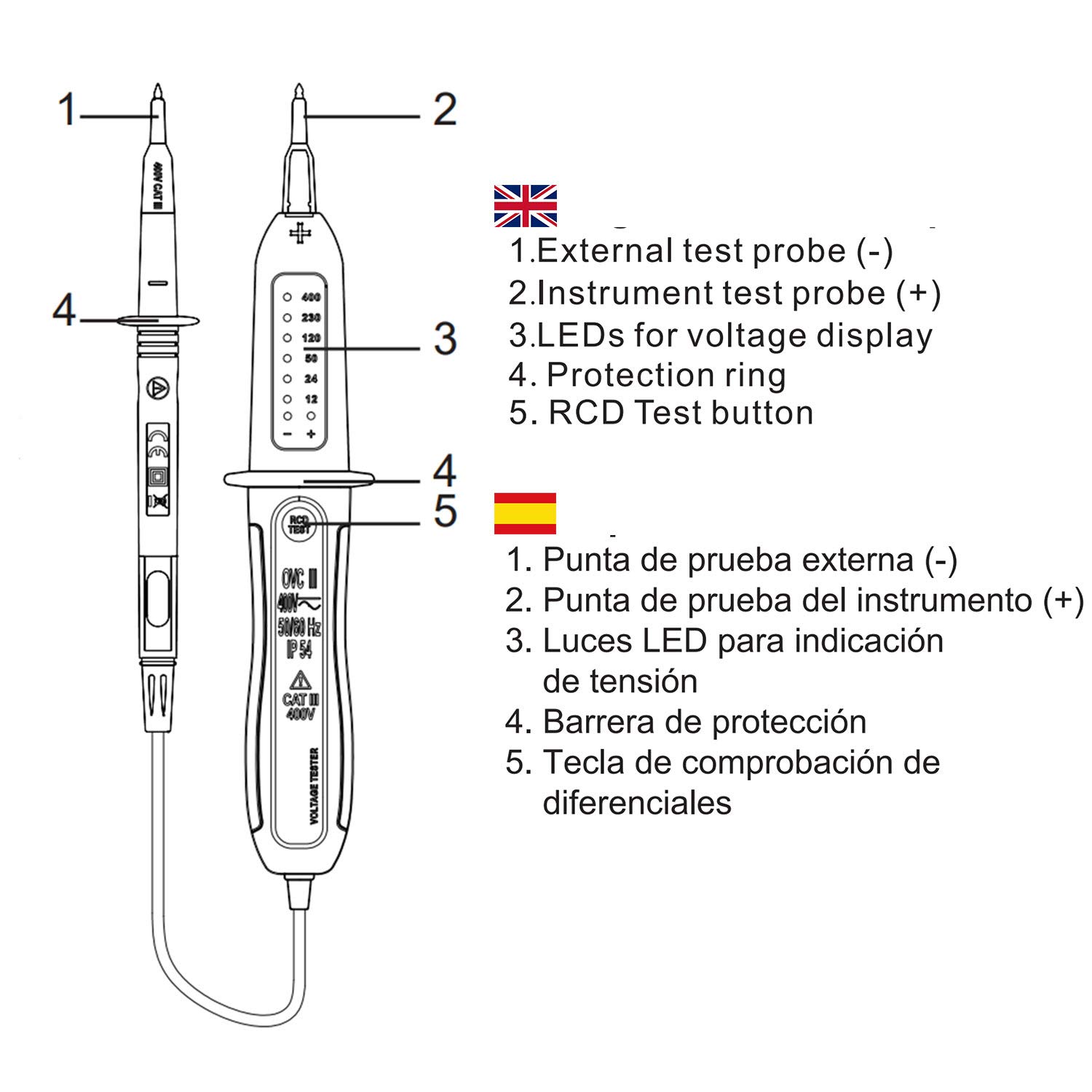 KPS-DT220 Detector de tensión y prueba de diferenciales, tensión 12V-400V, polaridad, RCD (Dispositivo de Corriente Residual) e indicador LED, IP54