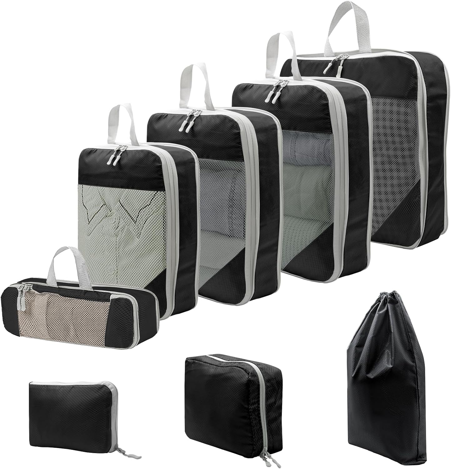 Compression Packing Cubes for Suitcase, 8 Pcs Travel Organizer Cubes for Travel Essentials, Expandable Luggage Suitcase Organizer Bags Lightweight for Women Men,Shoe Toiletry Laundry Bags (Black)