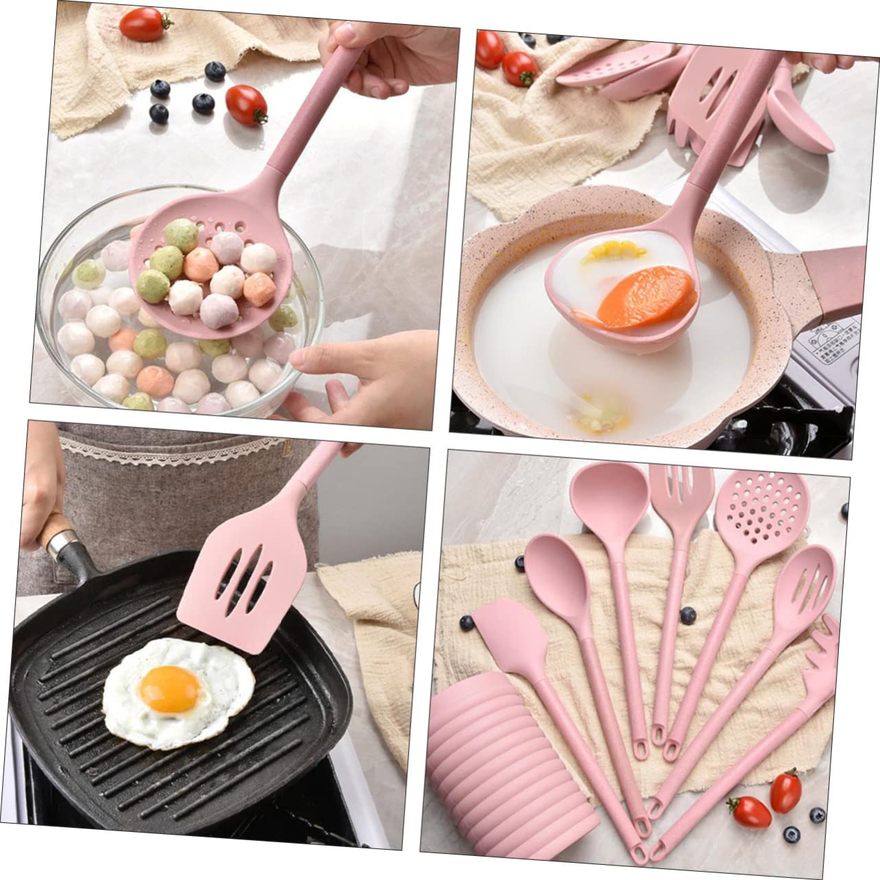 COLLBATH Kit De Utensilios De Cocina De Silicona 8 Piezas Espátula Cucharas Y Balde De Almacenamiento