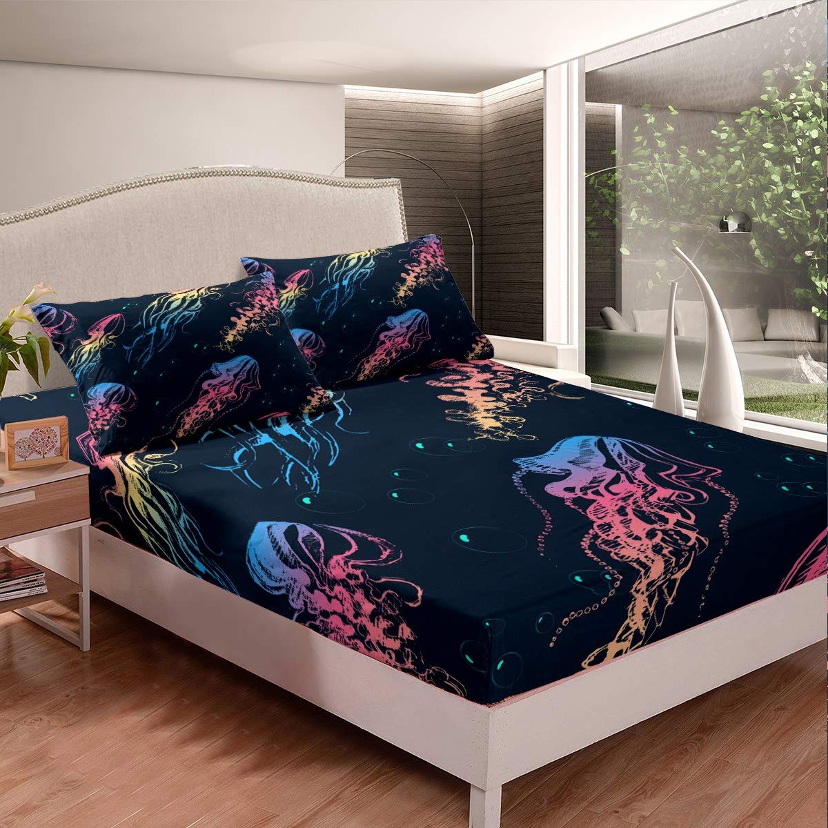 Kids 3D Jellyfish Fitted Sheet Ocean Creature Themed Bedding Set Bubbles Sea Underwater World Bed Sheet Set for Children Boys Girls Sealife Microfiber Bed Cover Room Decor Double Size