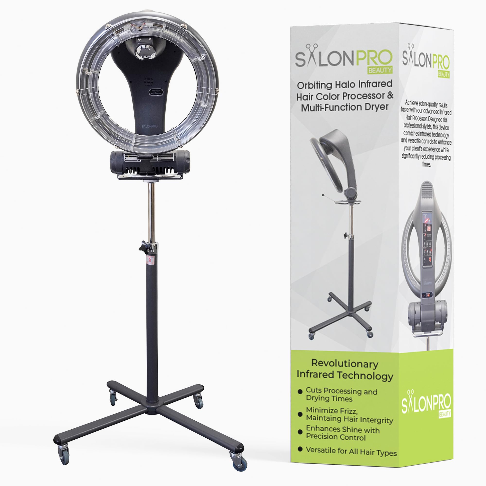 Orbiting Halo Professional Infrared Hair Color Processor & Multi-Function Dryer Accelerator w/Rolling Base - Heavy Duty Adjustable Standing Hair Dryer - Hair Salon Equipment - Grey (SalonPro)