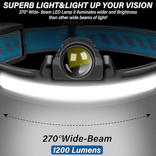 Miniatura 4 de Linterna frontal LED recargable, sensor brillante de 1000 lúmenes, lámpara de cabeza de campamento, haz ancho de 270, ángulo ajustable de 90, 6