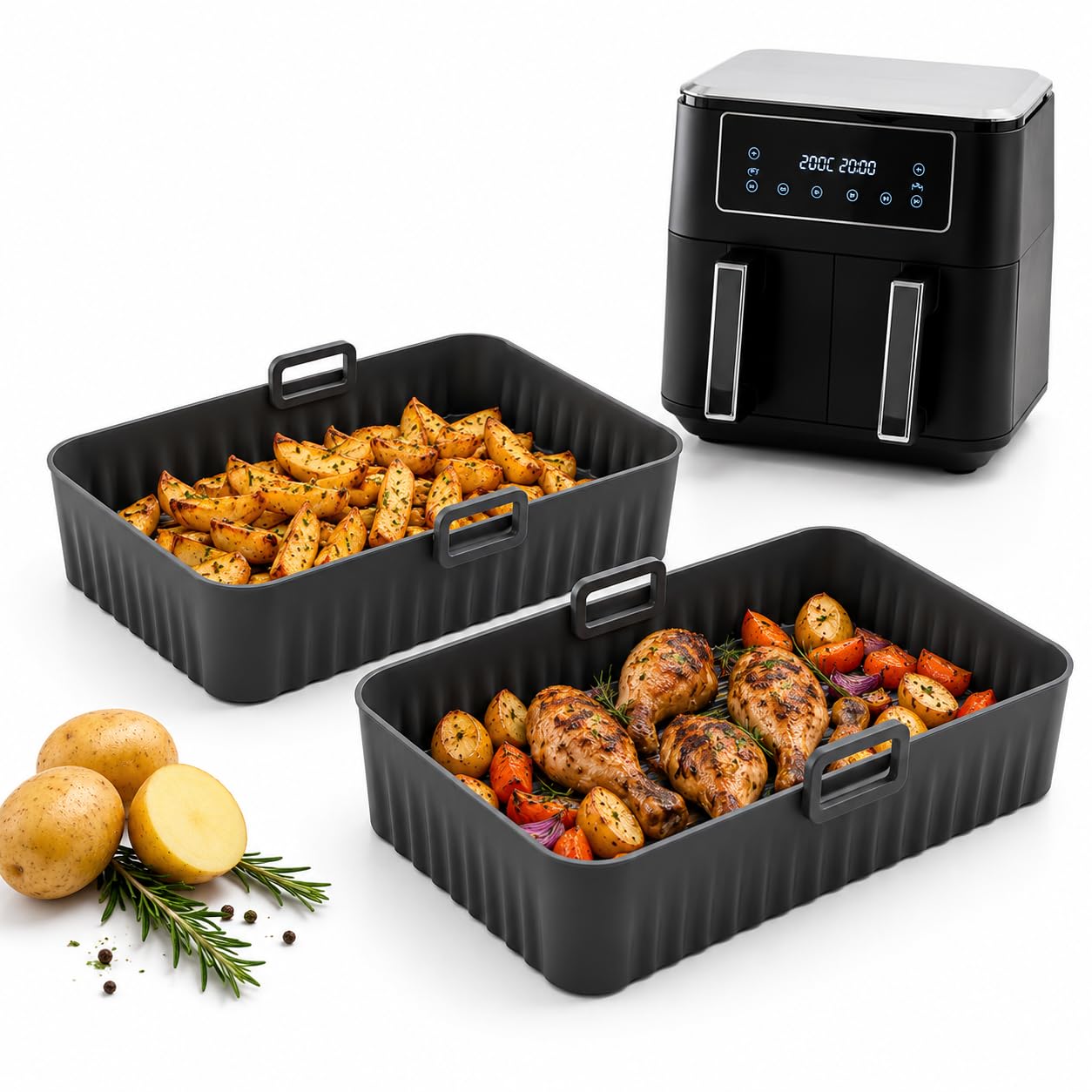 Toyana 2 PCs Silicone Air Fryer Liners Rectangular Baking Tray - Reusable Non-Stick AirFryer Basket Liner with Dual Handles, Heat Resistant Insert for Air Fryers & Ovens