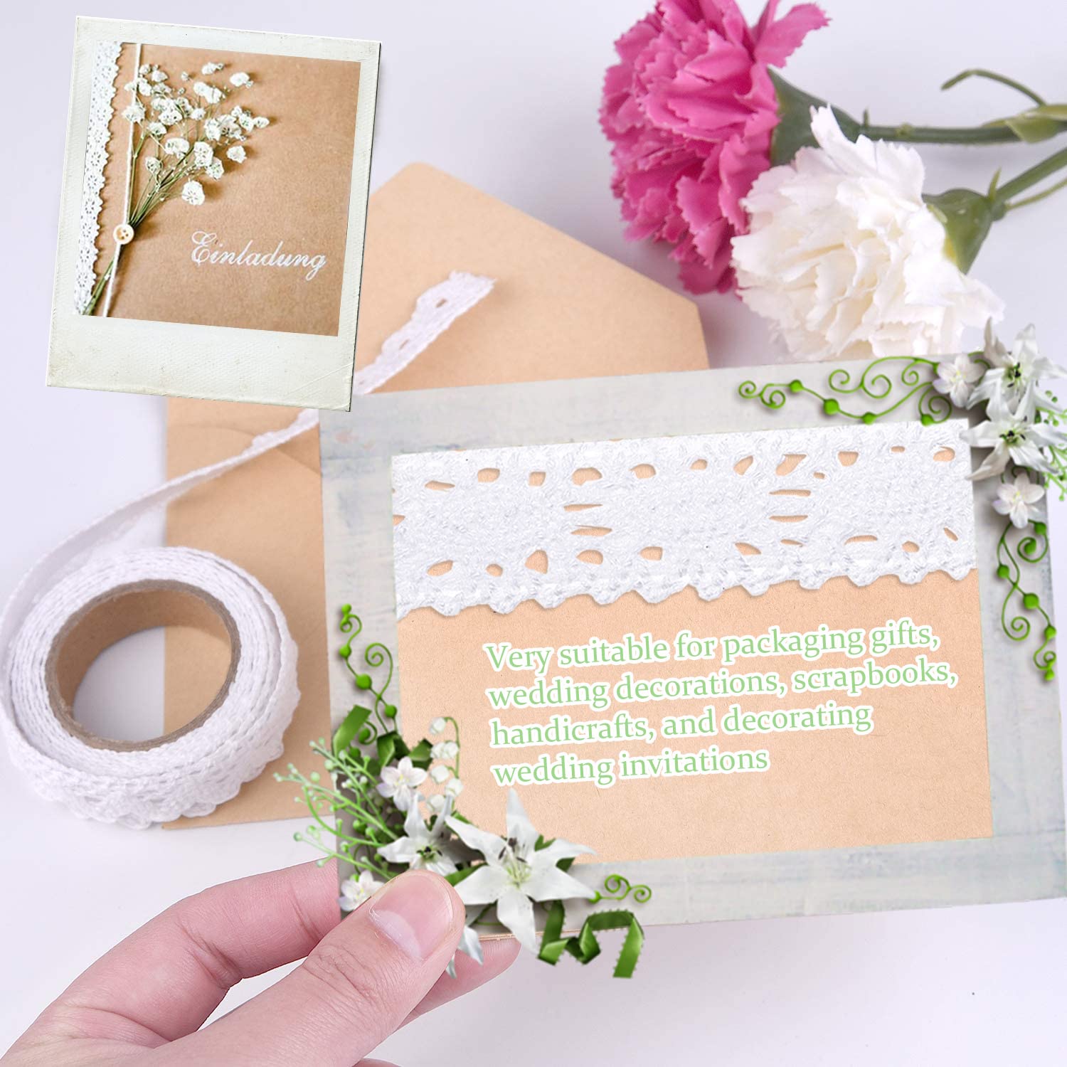 Nastro Di Pizzo Autoadesivo Bianco - 10 Rotoli Da 1.5cm X 1.6m, Per Decorazioni Matrimoni, Scrapbooking, Fai-Da-Te