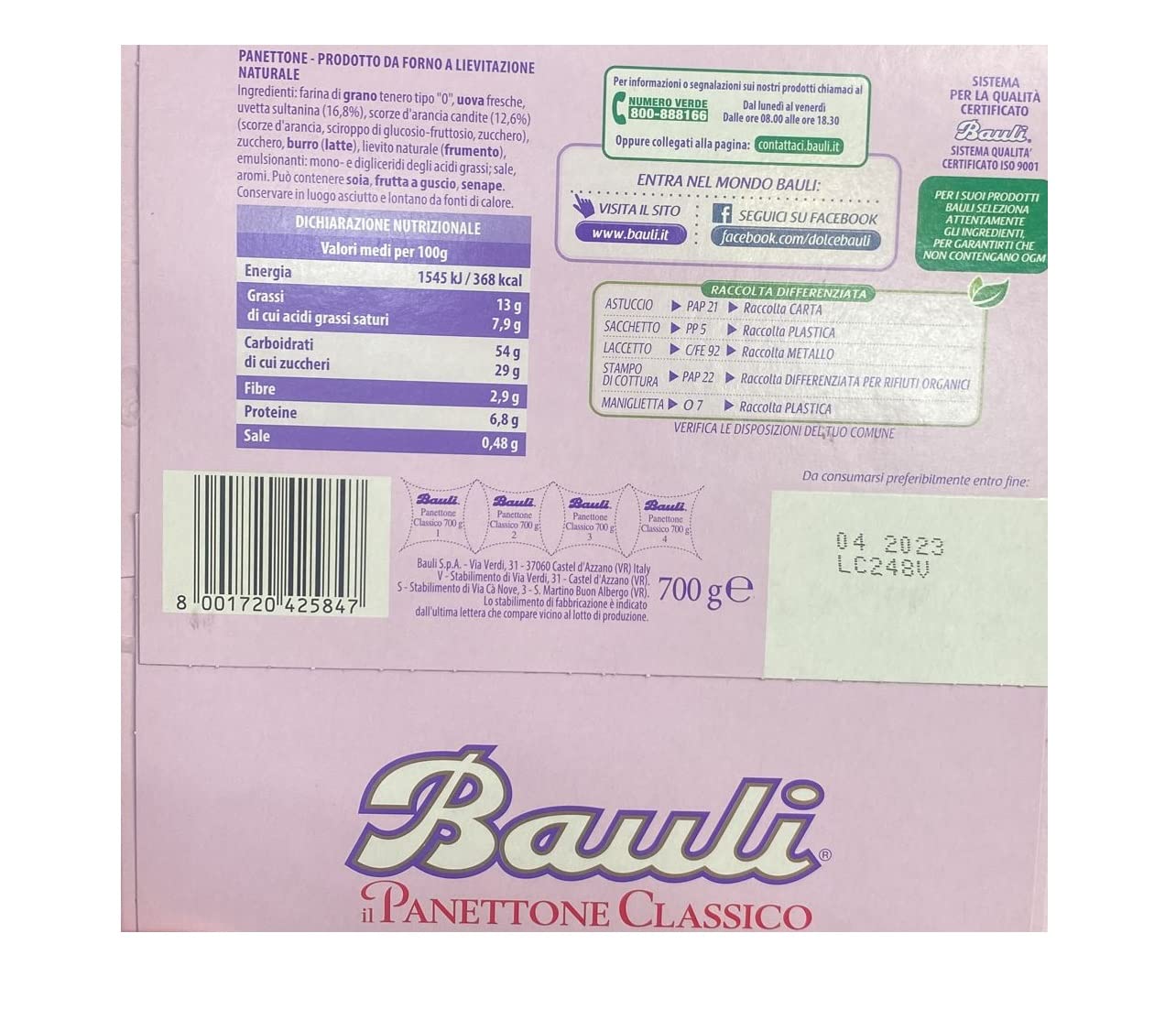 4x Bauli Il Panettone Classico Weihnachtskuchen Backprodukt mit Rosinen und Kandierten Früchten 700g