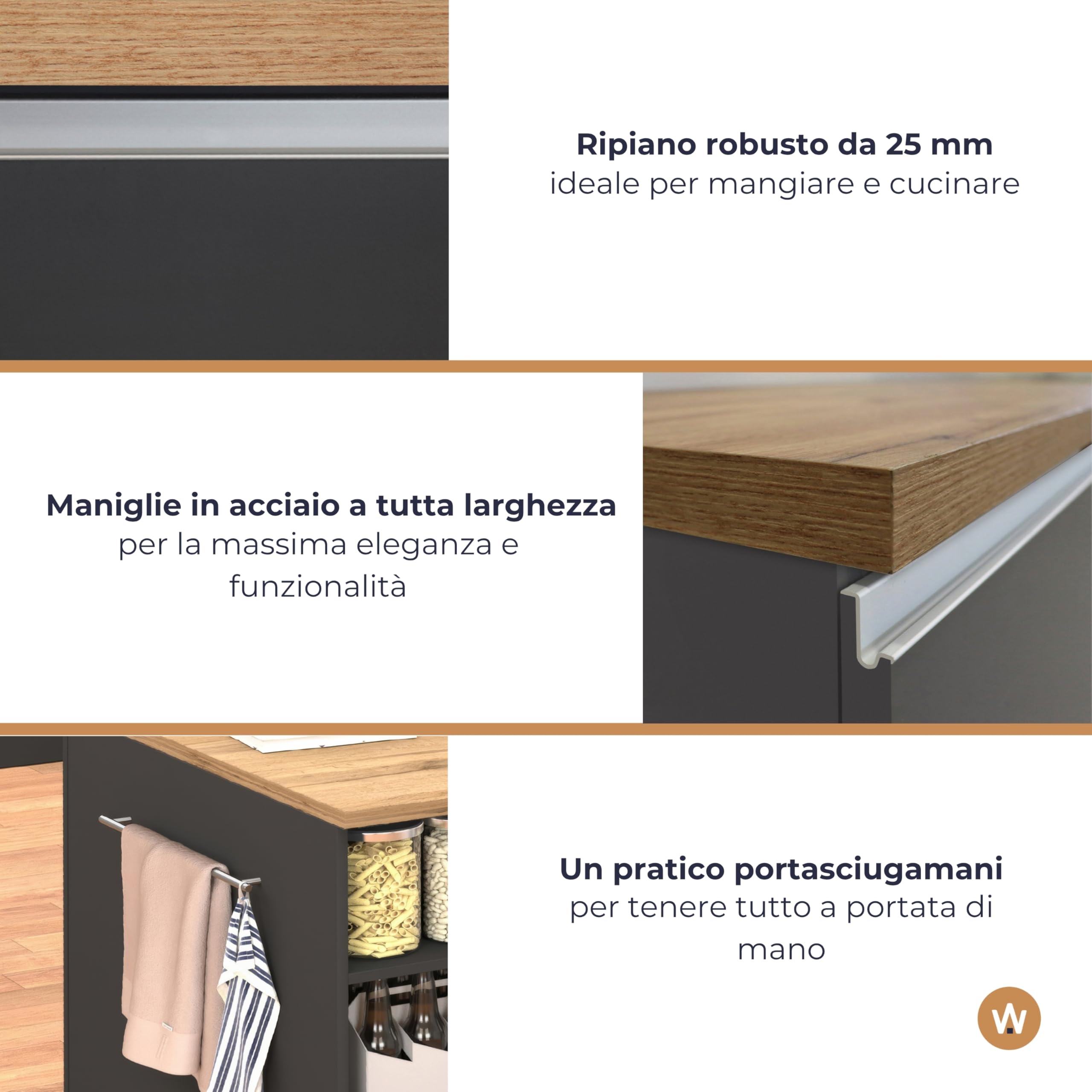 WHOUS Isola Cucina SOLE con 1 Anta, 2 Cassetti e 6 Vani, Tavolo da Pranzo e Piano di Lavoro, Ideale per Open Space e Spazi Ridotti, 152,5x90x90,60 cm, Antracite Opaco e Rovere