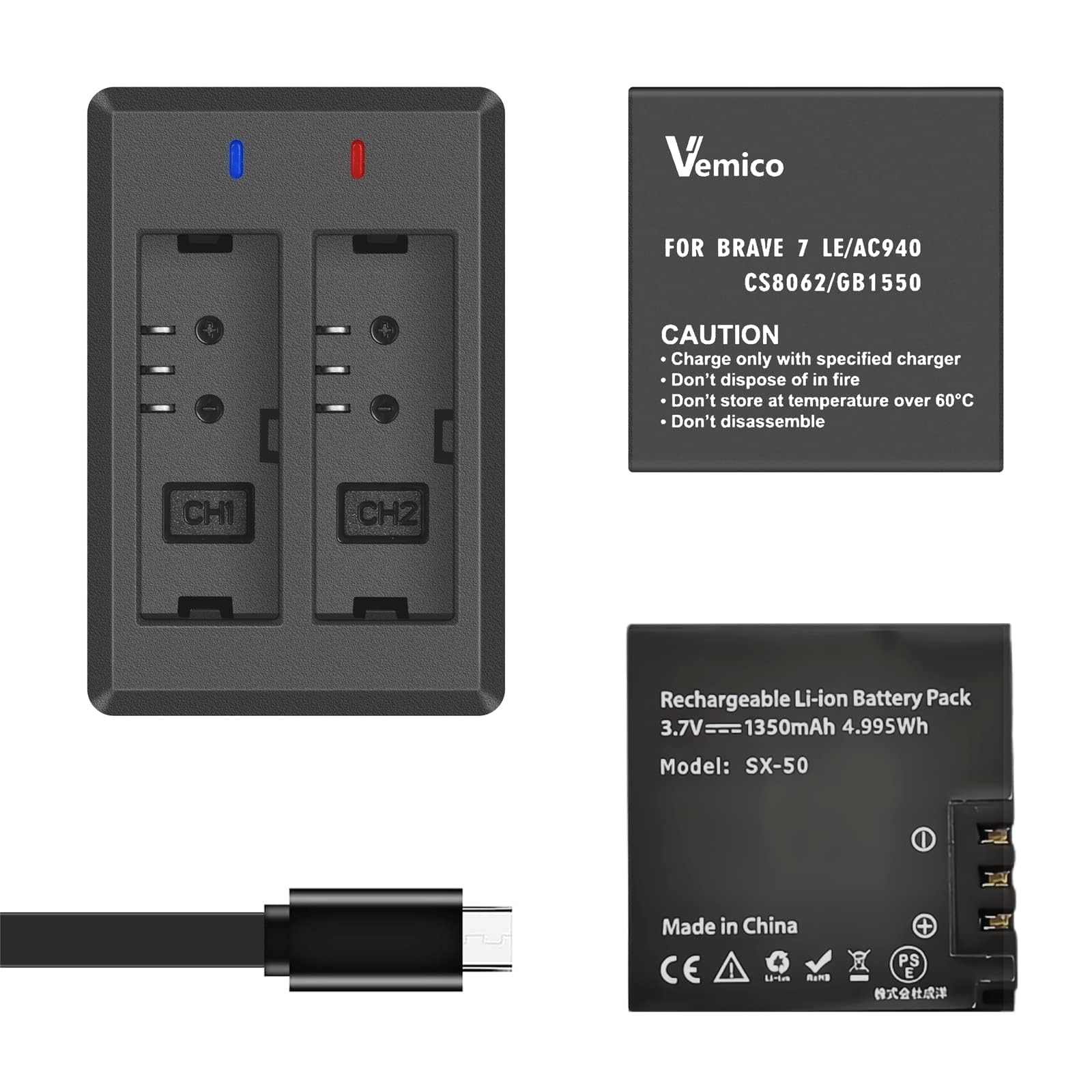 Amazon.co.jp: Vemico アクションカメラ バッテリー 2 *1350mAh Brave