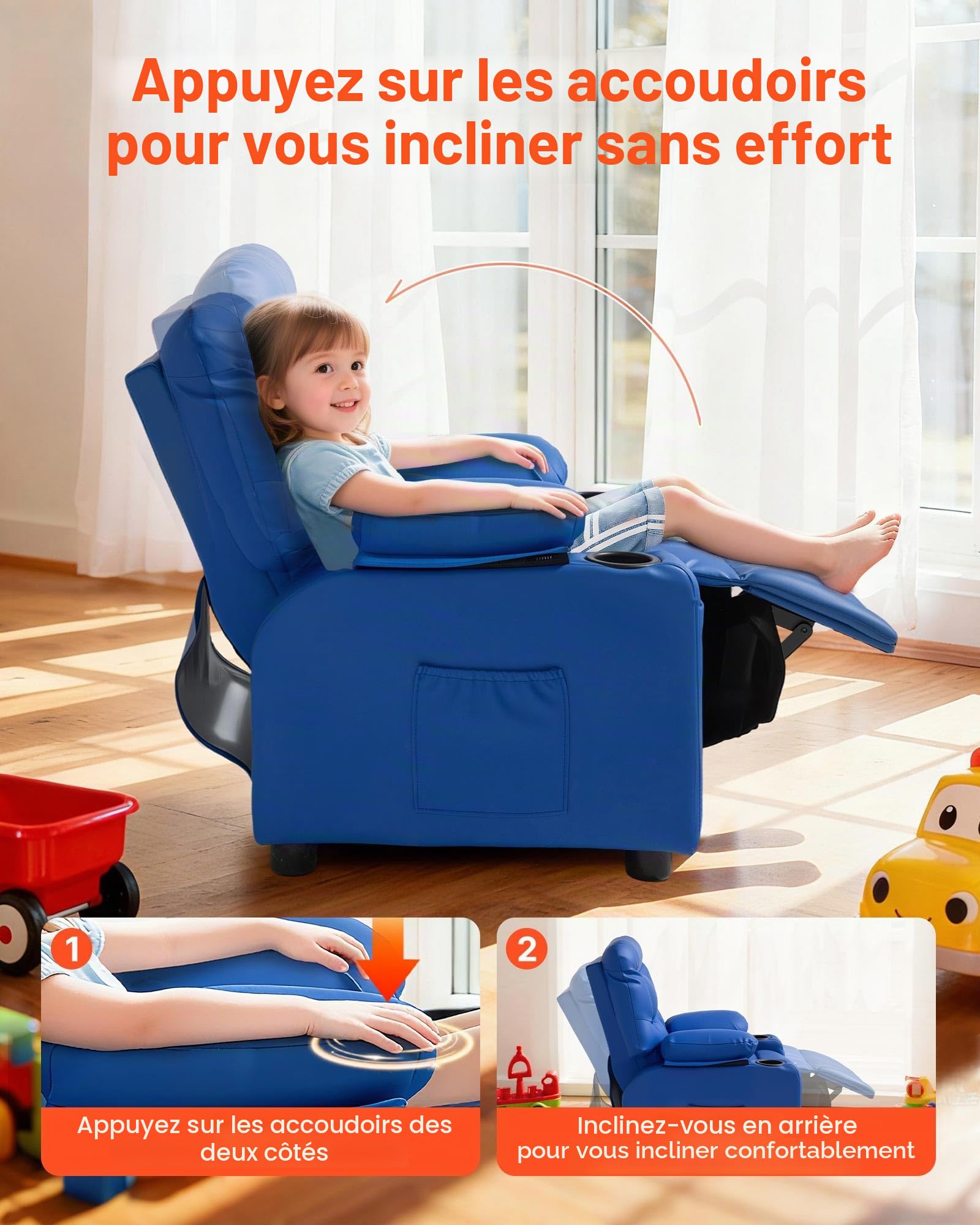 VEVOR Fauteuil inclinable pour enfants, chaise relax ergonomique avec 2 porte-gobelets, 4 poches et repose-pieds, dossier réglable 107°-126°, en cuir PU facile à nettoyer, pour chambre d’enfants, bleu