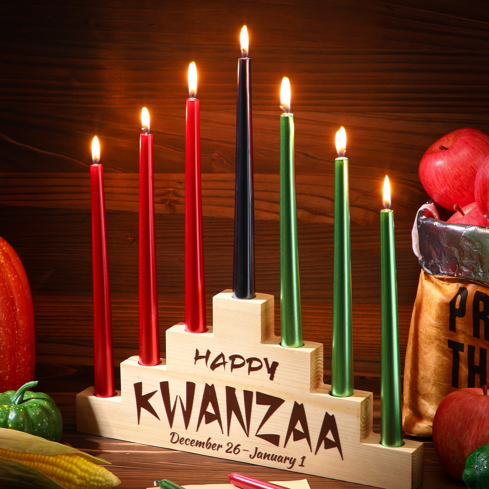 Kwanzaa Kinara Kerzenhalter Aus Holz – Handgefertigt, 2 Stück, Braun & Dreifarbig, 36x10x7 Cm