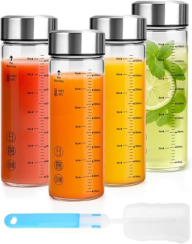 Miniatura 9 de Botellas de vidrio de 12 onzas con tapas, paquete de 4 botellas de agua de vidrio de borosilicato de boca ancha con tapas de acero inoxidable para