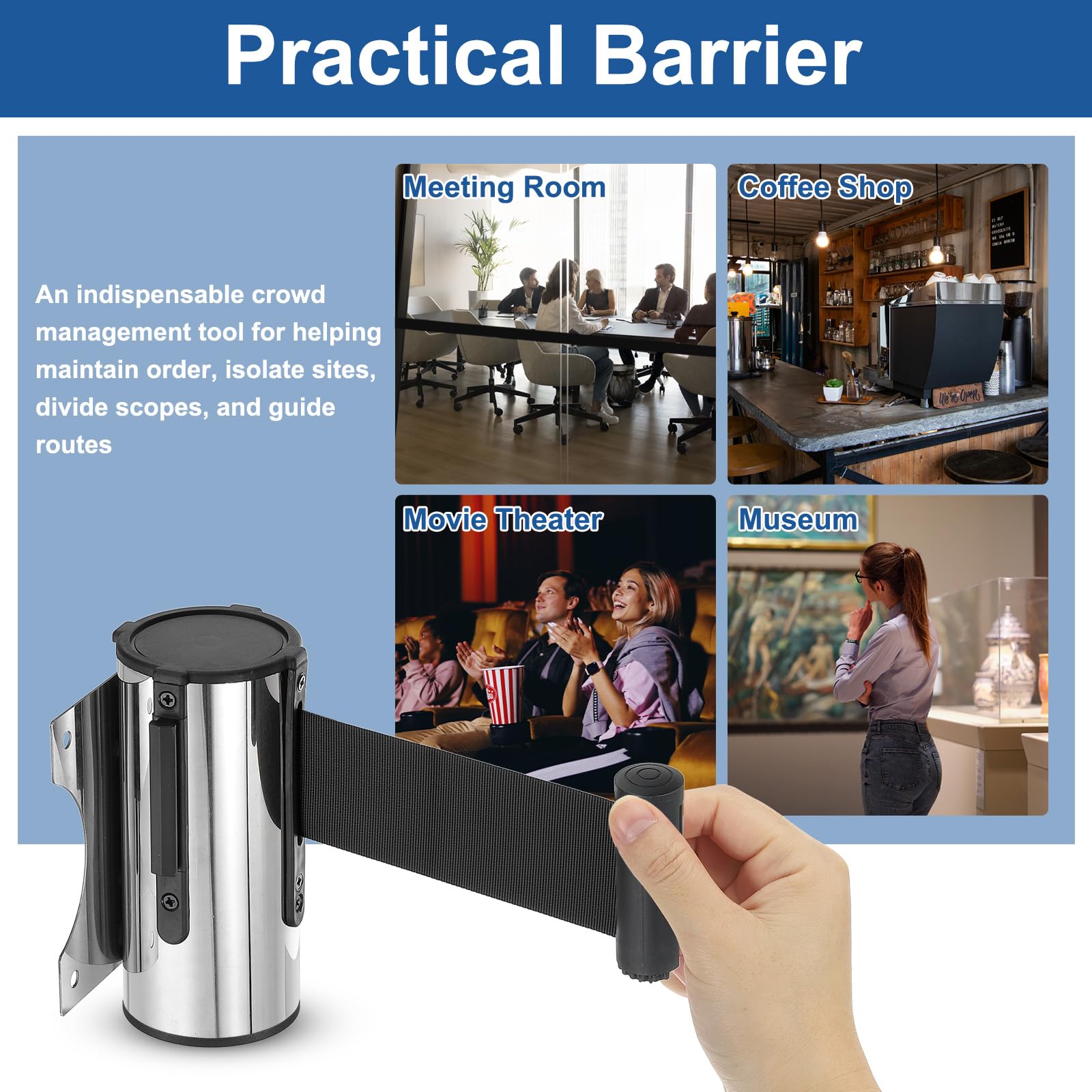 QUARKZMAN Soporte De Pared Fijo Barrera Retráctil De Cinta 6.56 Pies Cintas Retráctiles Fijas Para Control De Multitudes Para Colas Tienda Minorista Estadio Negra Con Caja De Acero 4pcs