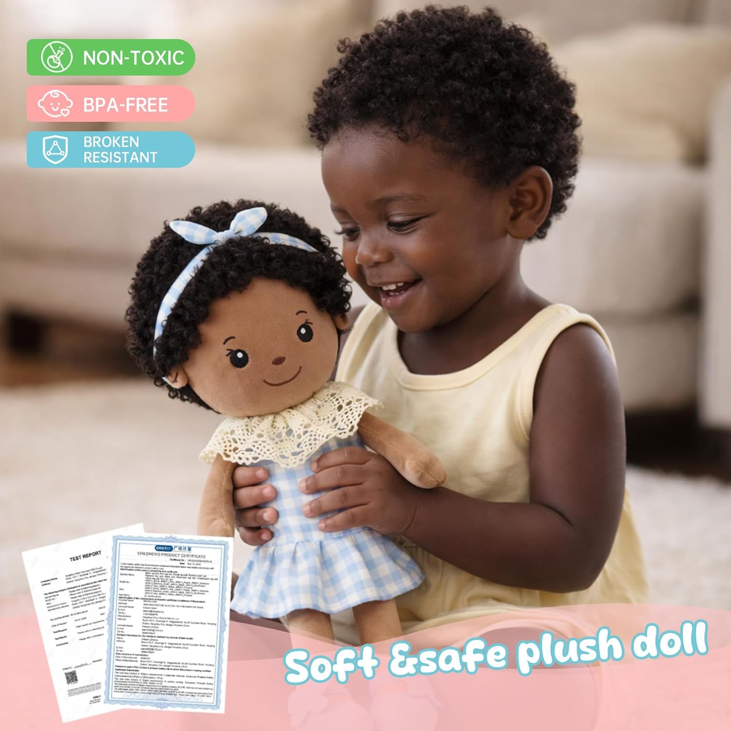 Soft Baby Doll Toys 16inch, Baby Rag Doll for One Year Old Girl Birthday Gift,Plush Toys for Toddler Kids Infants (Black)