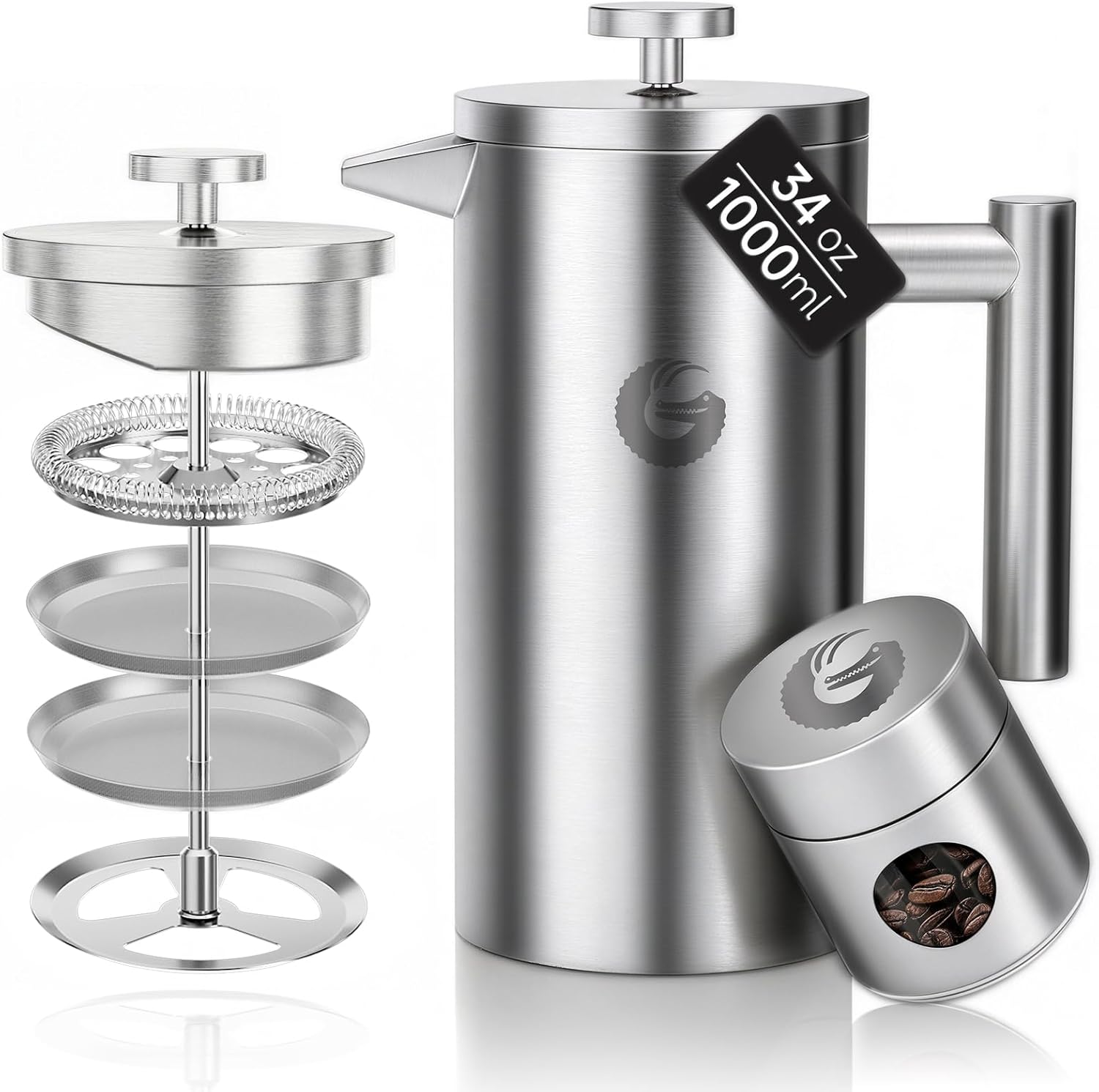 Coffee Gator 304 Grade Stainless Steel French Press Coffee Maker 34 oz, Double Wall Insulated Teapot with 4-Level Filtration System, Include Travel Jar Canister, Rust-Free, Dishwasher Safe, Silver