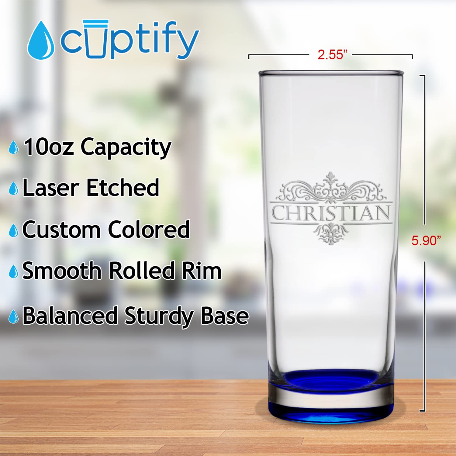 Custom Glasses Vestige Monogram 10 oz Blue Bottom Etched Highball Glass Engraved with Personalized Text Party Favor Decoration Birthday Gift