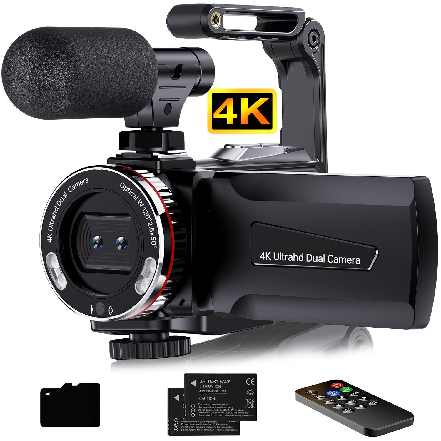 Videocamera 4K 64MP Vlogging camera per YouTube, Dual LENS 3" Screen Girevole a 270° Videocamera con Scheda da 32GB, Microfono, Stabilizzatore,Telecomando,2 Batterie