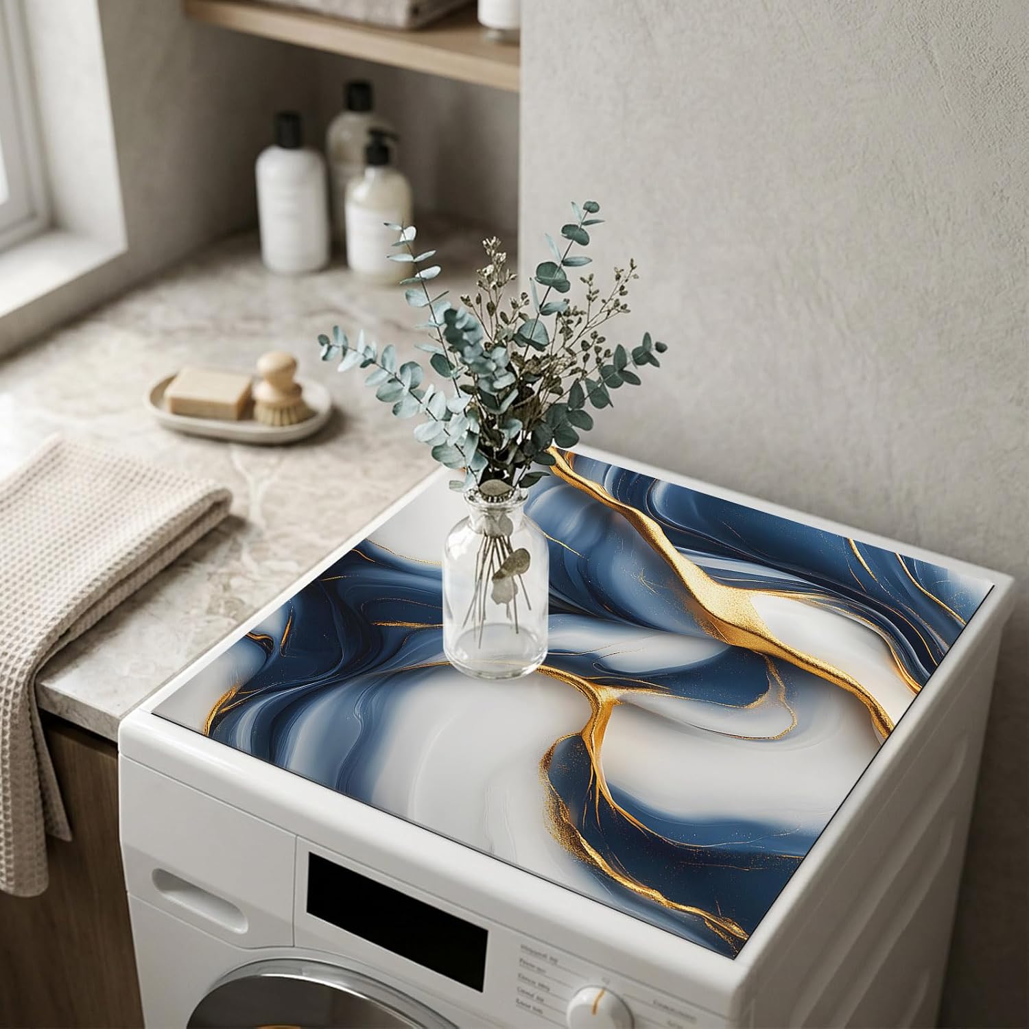Washer and Dryer Topper Protector Mat 23.6"x19.7", Navy Blue Marble Non-Slip Washing Machine Top Cover, Diatomite Dustproof Washer Dryer Topper for Laundry Room Organization Gold Modern Art image 3