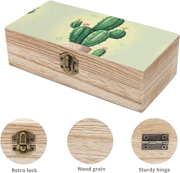 Cute Cactus Wooden Storage Box with Hinged Lid And Front Clasp Large Jewelry Box Wooden Storage Bins Keepsake Box Office Desk Organizer