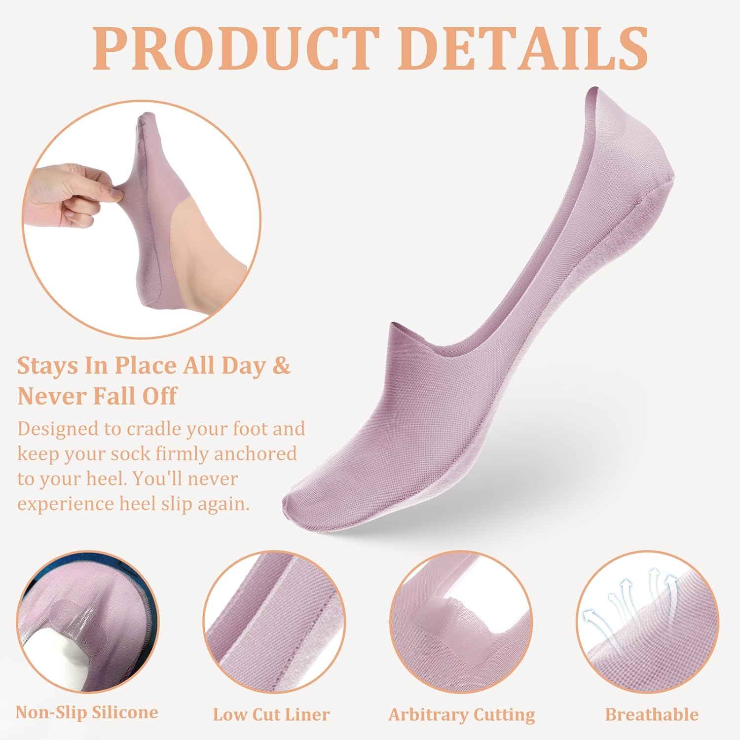 5 Pairs Invisible Ice Silk Breathable No Show Socks Womens for Flats, Ultra Low Cut Liner Non Slip Hidden Low Cut Ice Silk Nonslip Liner Socks for Women Made of Ice-Silks Surface - Image 4