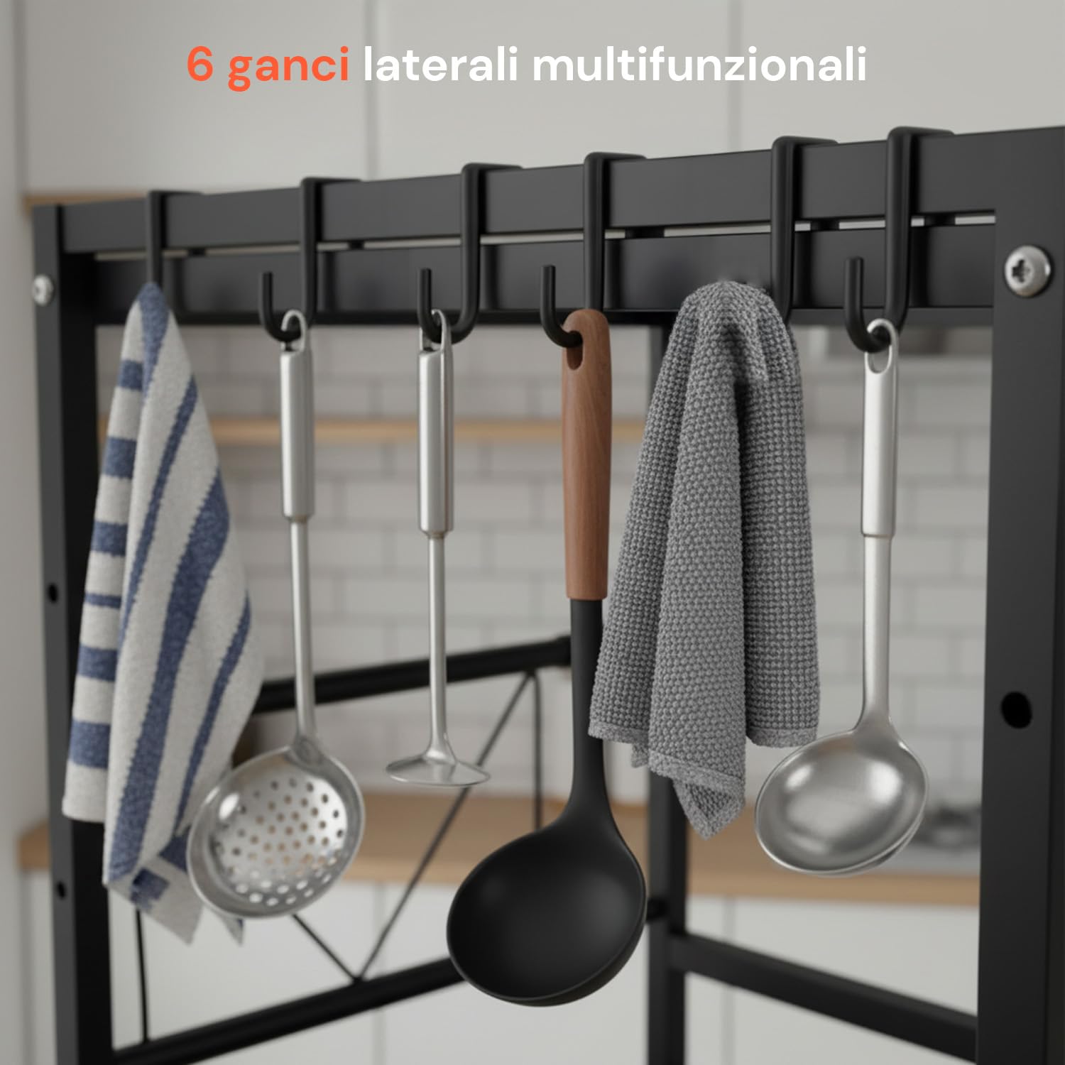 Avilia – Scaffale a 3 Ripiani, 25kg Espandibili e Regolabili, Cucina Microonde, Organizer Spezie Utensili Elettrodomestici, 6 Ganci Laterali Salvaspazio Dispensa Lavanderia Acciaio