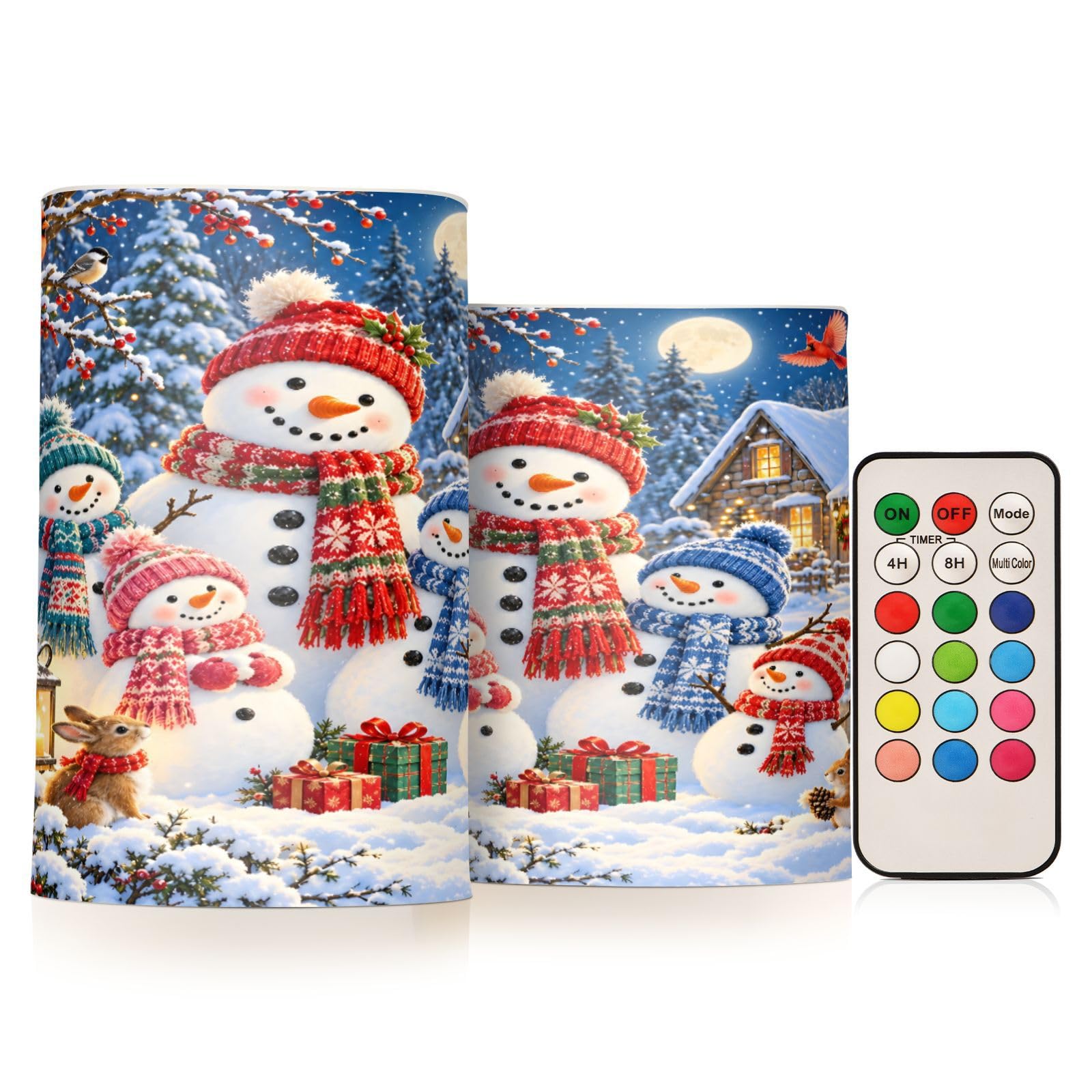 ALAZA Christmas Snowman Winter Snow Flickering Flameless Candles Battery Operated with Remote Timer,Tea Light Candles LED Pillar Votive Candles Set of 2 for Outdoor Indoor Decorations