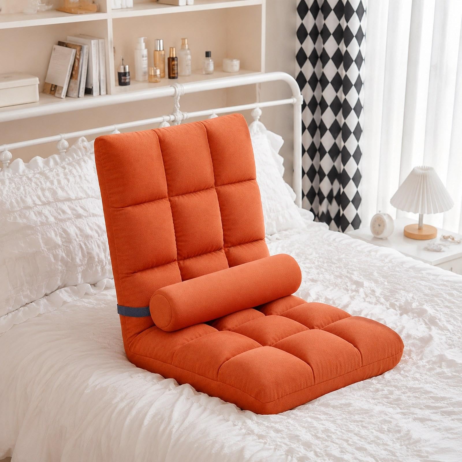 Silla Plegable de Suelo con Respaldo Reclinable, Silla Gaming, Sofá Ajustable, Asiento Suave, Hecha de Franela Y Esponja, Adecuada para, Naranja, Individual