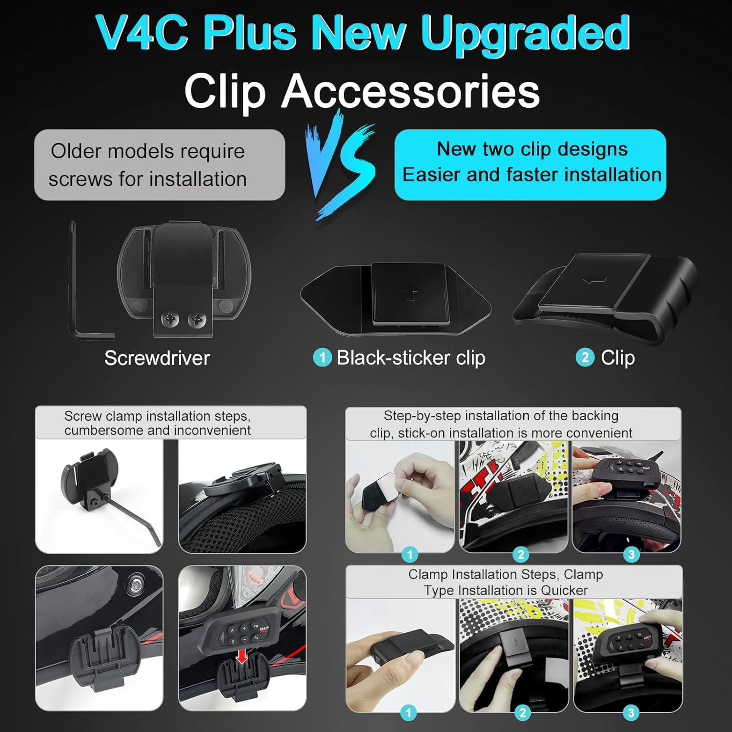 V4 Plus - Intercomunicador de auriculares Bluetooth para motocicleta, sistema de comunicación de 4 vías, resistente al agua, 1500 m, con asistente de voz, cancelación de ruido, FM (2