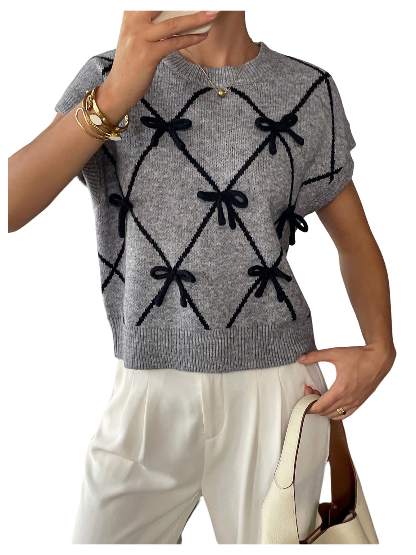 MakeMeChic Womens Bow Sweater Cute Summer Tops Plaid Short Sleeve Crew Neck Y2K Knitted Pullover Grey Large