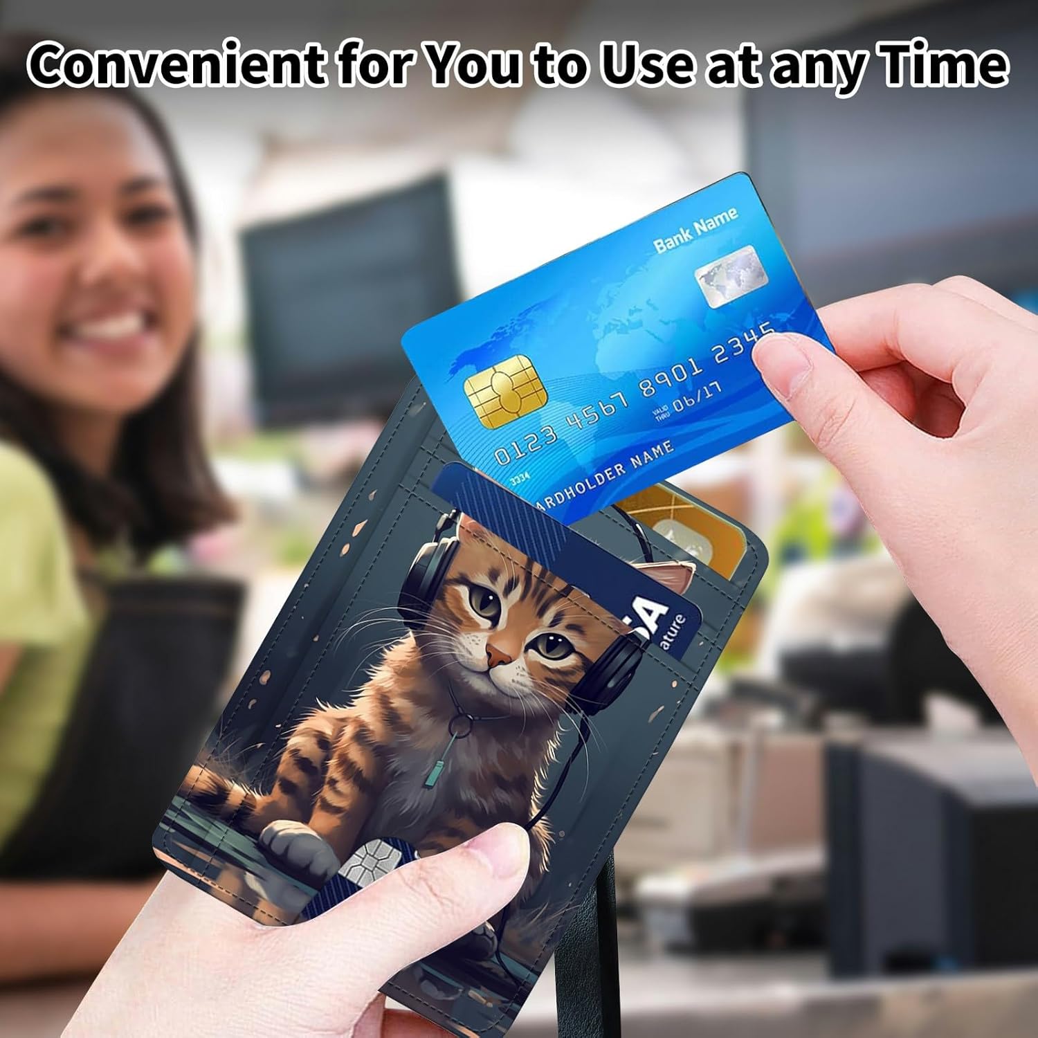 Slim Minimalist Wallet for Men & Women [ Wrist Strap ] PU Leather RFID Blocking Front Pocket Credit Card Holder Small Wallets Card Cases with ID Window, Cat with Headphones - Image 6