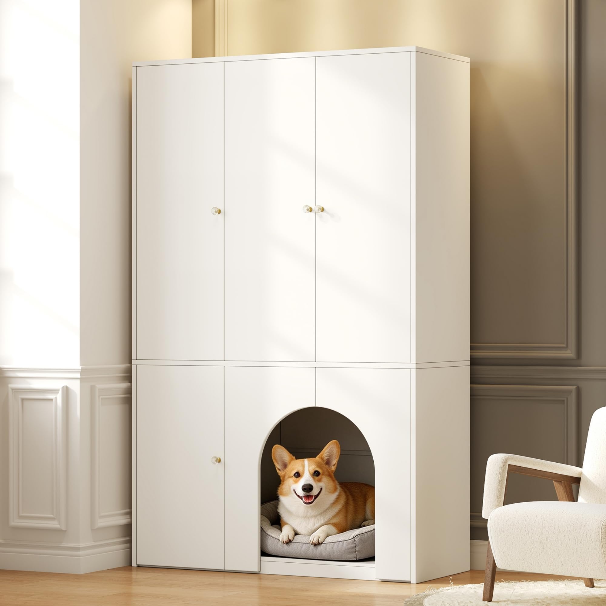 Kleiderschrank Hochschrank Aufbewahrungsschrank Sideboard mit Haustierhöhle, 3-türig, Kleiderstange & Regalböden, für Schlafzimmer Flur, 120x50x200cm Weiß