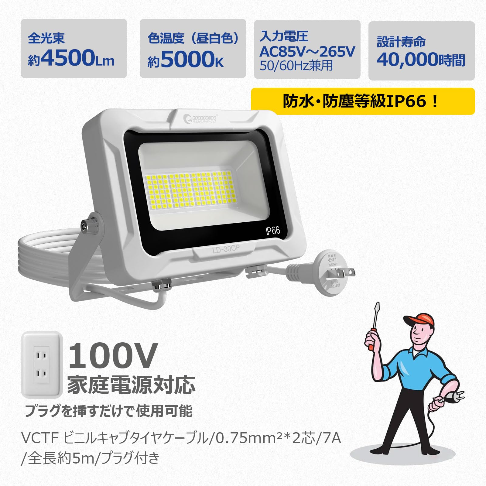 Amazon.co.jp: GOODGOODS LED投光器 30W 4500lm 昼白色 高輝度 120