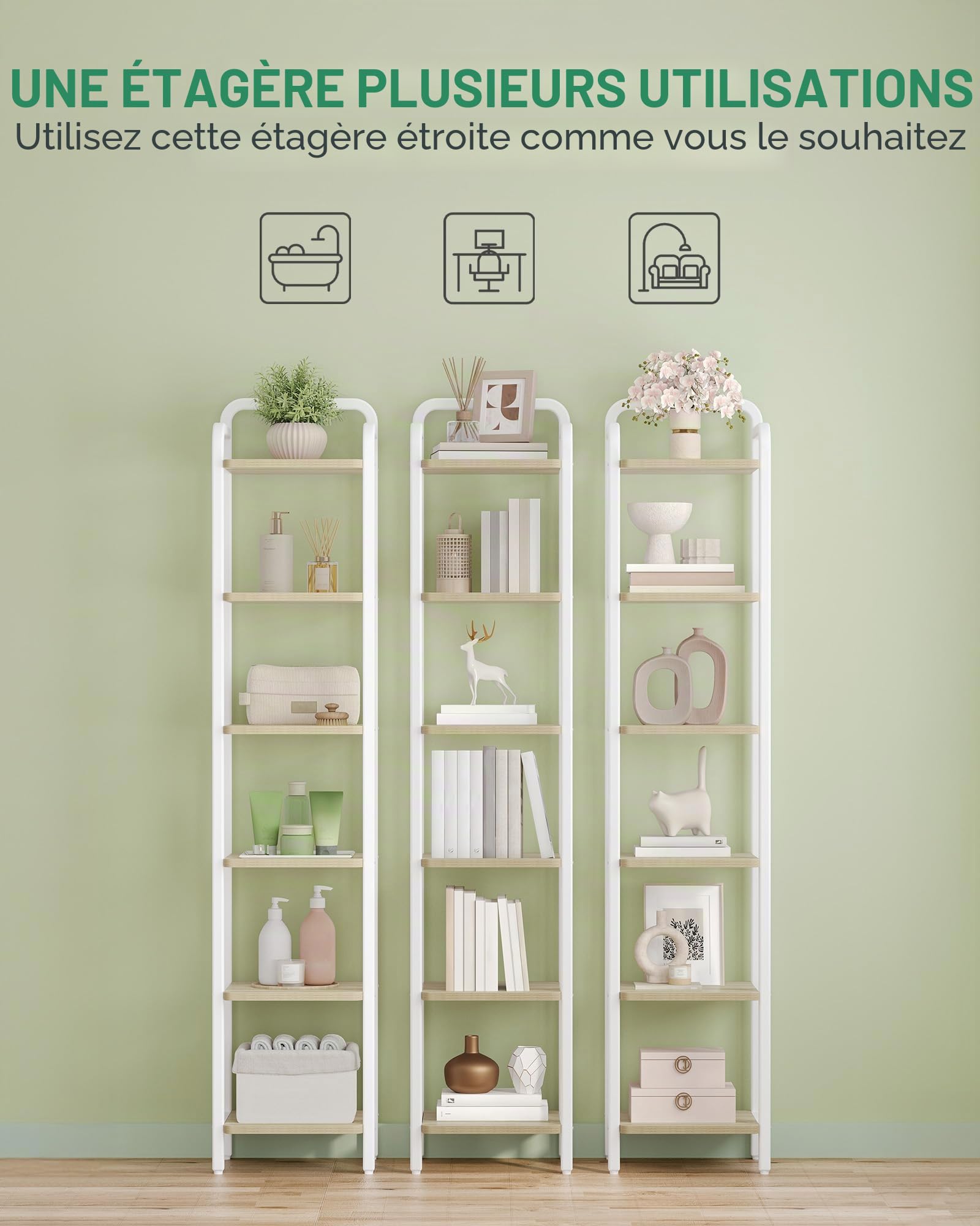 Hzuaneri Etagere 6 Niveaux, Bibliotheque, Meuble de Rangement, Étagère d'angle Industriel, pour Bureau, Salon, Chambre 30 x 33 x 166 cm Beige Naturel et Blanc Mat BC24616W