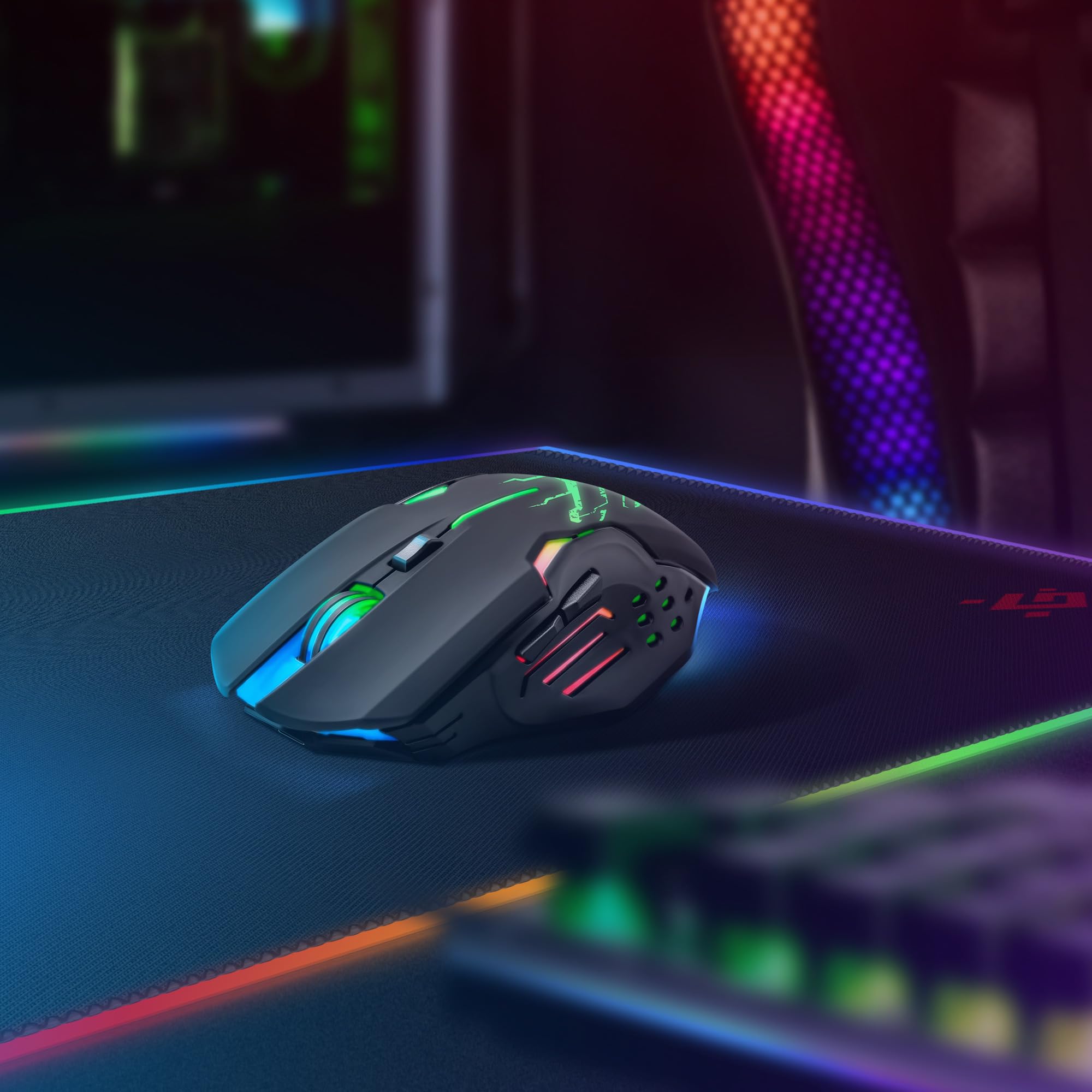 Defender® Katana - Ratón inalámbrico para gaming, clics silenciosos, 5 botones programables, iluminación RGB (on/off), hasta 240 horas de duración de la batería - Ratón inalámbrico gamer para PC, Mac,