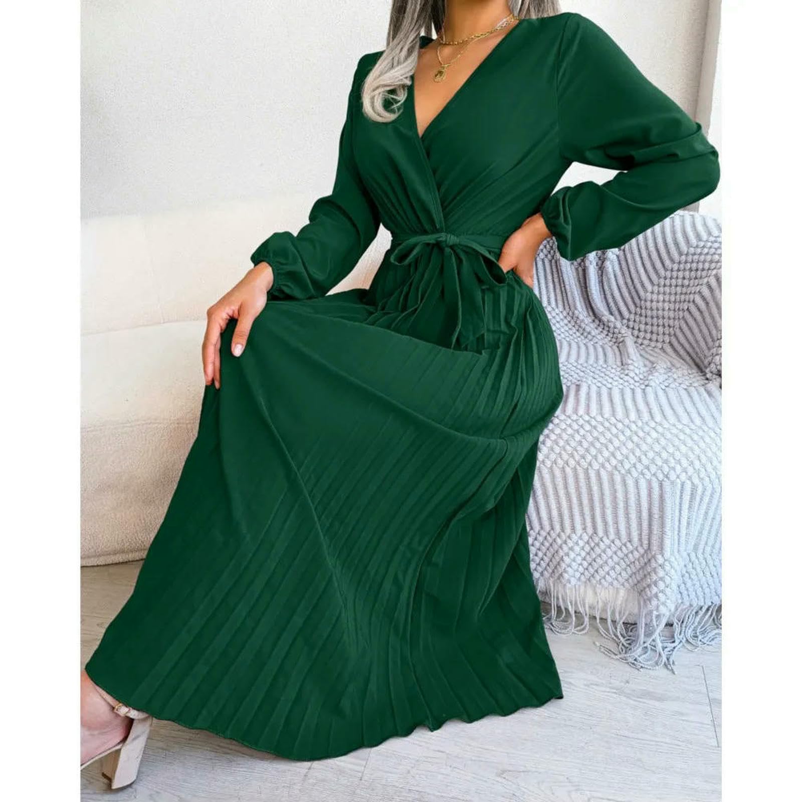Vestiti a Maniche Lunghe Abito Autunnali da Donna, V-Scollo Cross-up Colori, Elegante Maxi Pieghe, Vestito Lungo Grande Swing, di Moda Casual