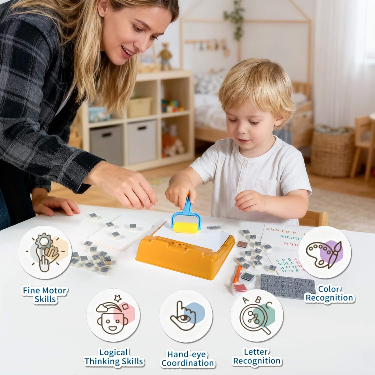 Montessori Toys of Easter Gift Educational Alphabet Stamps Set for Kids - 3 Washable Ink Pads & 80Pcs Stamper | Fine Motor Learning: Letter, Number & Animals | Toddler Arts and Crafts, Classroom