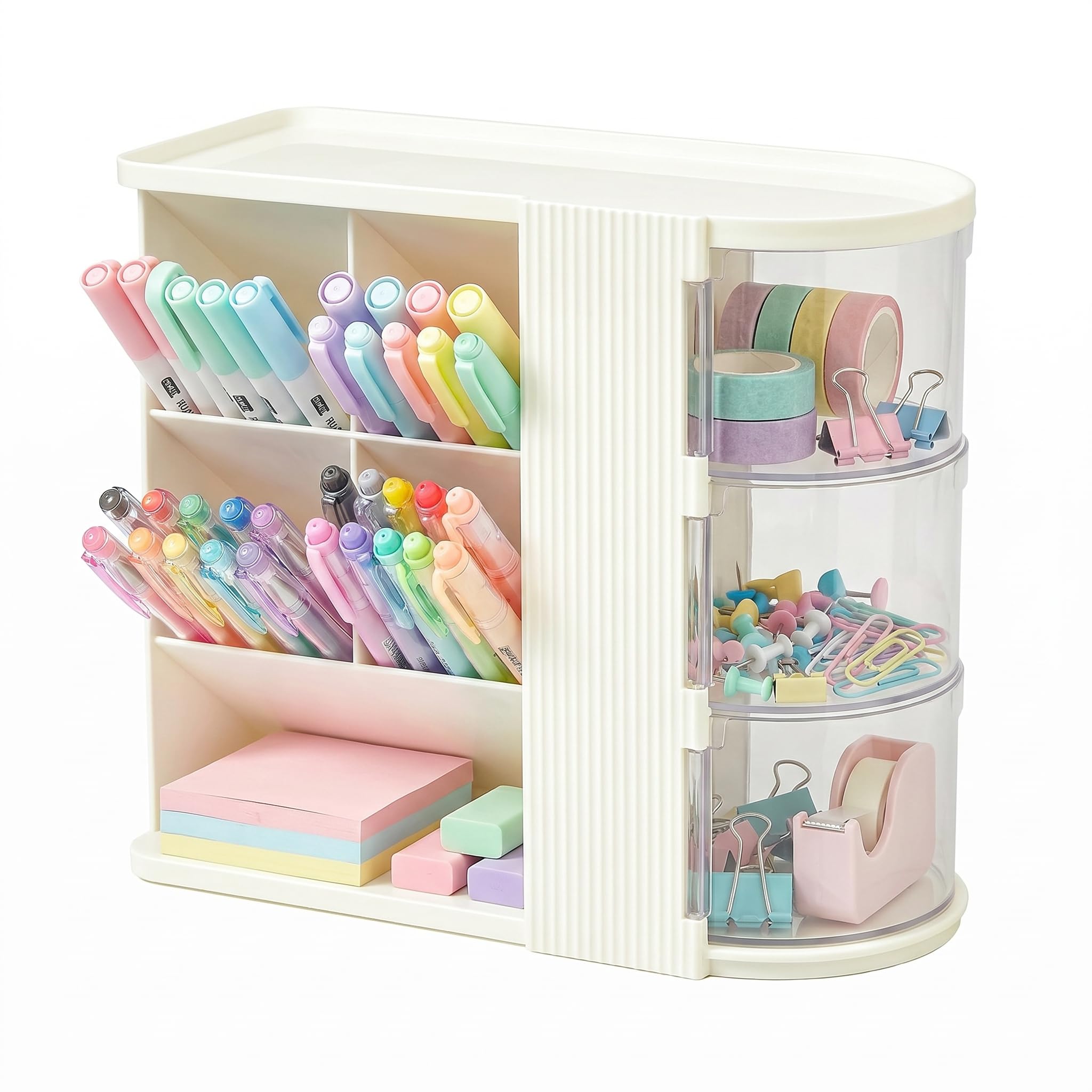 Elezeal Desk Organiser with Rotatable Drawers, Cosmetic Desktop Storage Box, Pen Holder & Makeup Organiser Drawer for Stationery, Cosmetics, Ideal for Workspace, Home Office - White