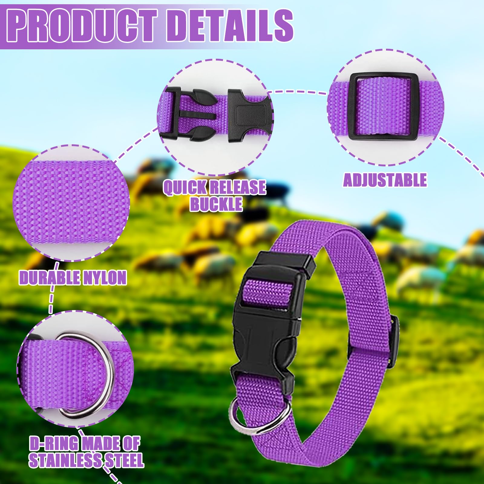 Funmo 5 collares de cabra, collar antipérdida de nylon ajustable para animales pequeños de granja, cabra y oveja con campana