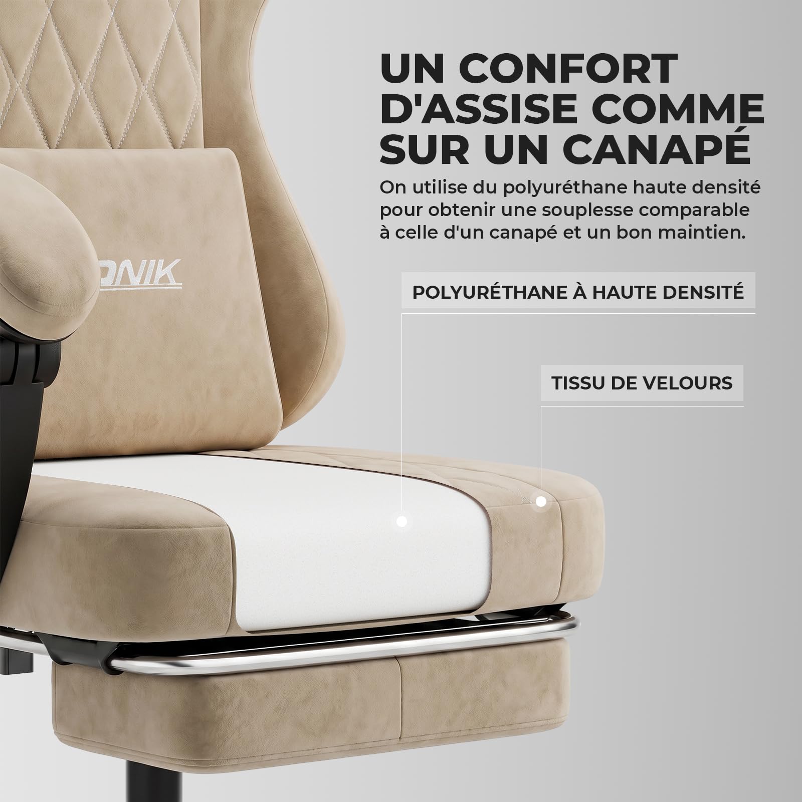 Fauteuil de Jeu, Fauteuil d'ordinateur, Ergonomique, avec Repose-Pieds, Appui-tête réglable, Soutien Lombaire avec Fonction Massage, Rembourrage Moelleux, capacité de Charge de 150kg Beige