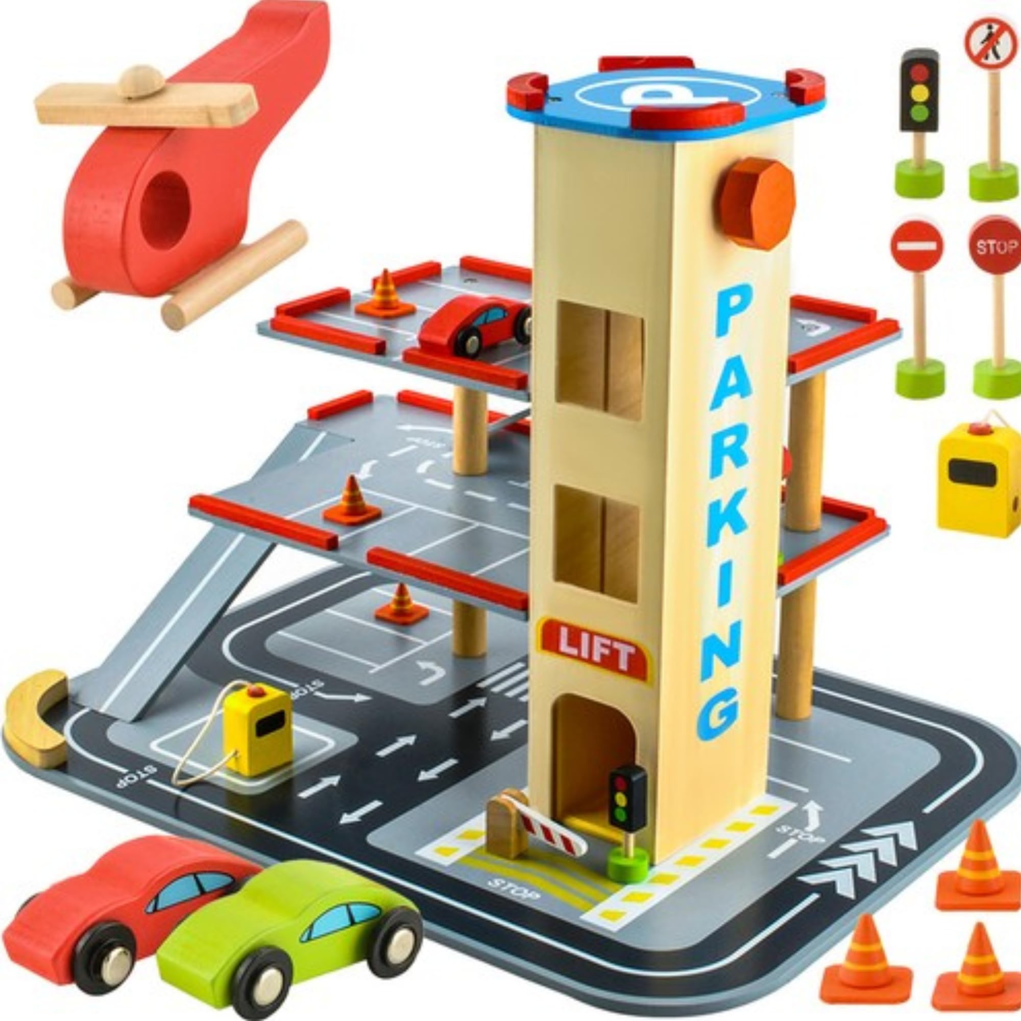 Holzparkhaus - Parkhaus aus Holz - Parkplatz mit Aufzug - Parken - Inklusive Zubehör - 48x36x42cm