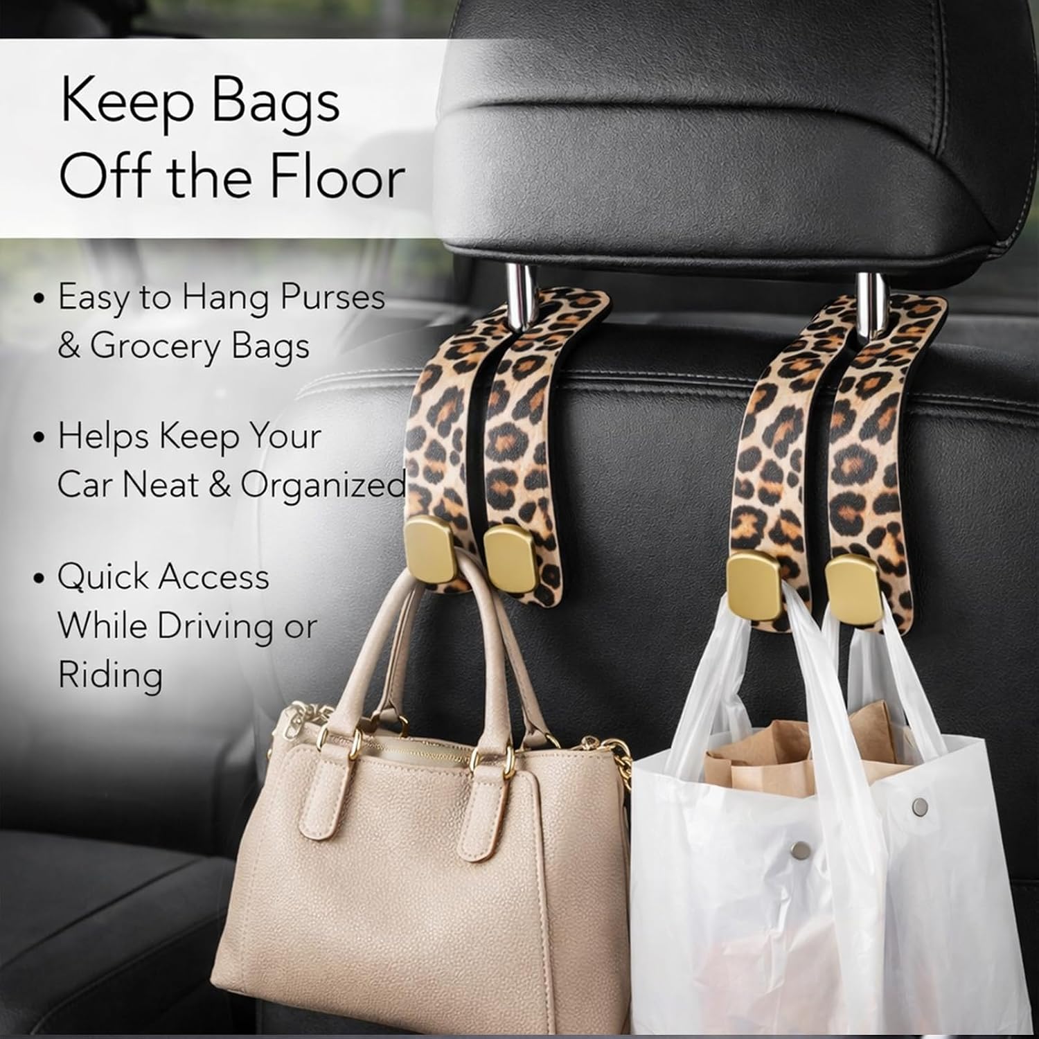 Leopard Print Car Accessories for Women, Leopard Car Accessories Set with 2 Car Seat Headrest Hooks and 2 Cup Holder Coasters, Cute Car Interior Decor for Purses, Bags and Stylish Car Gifts